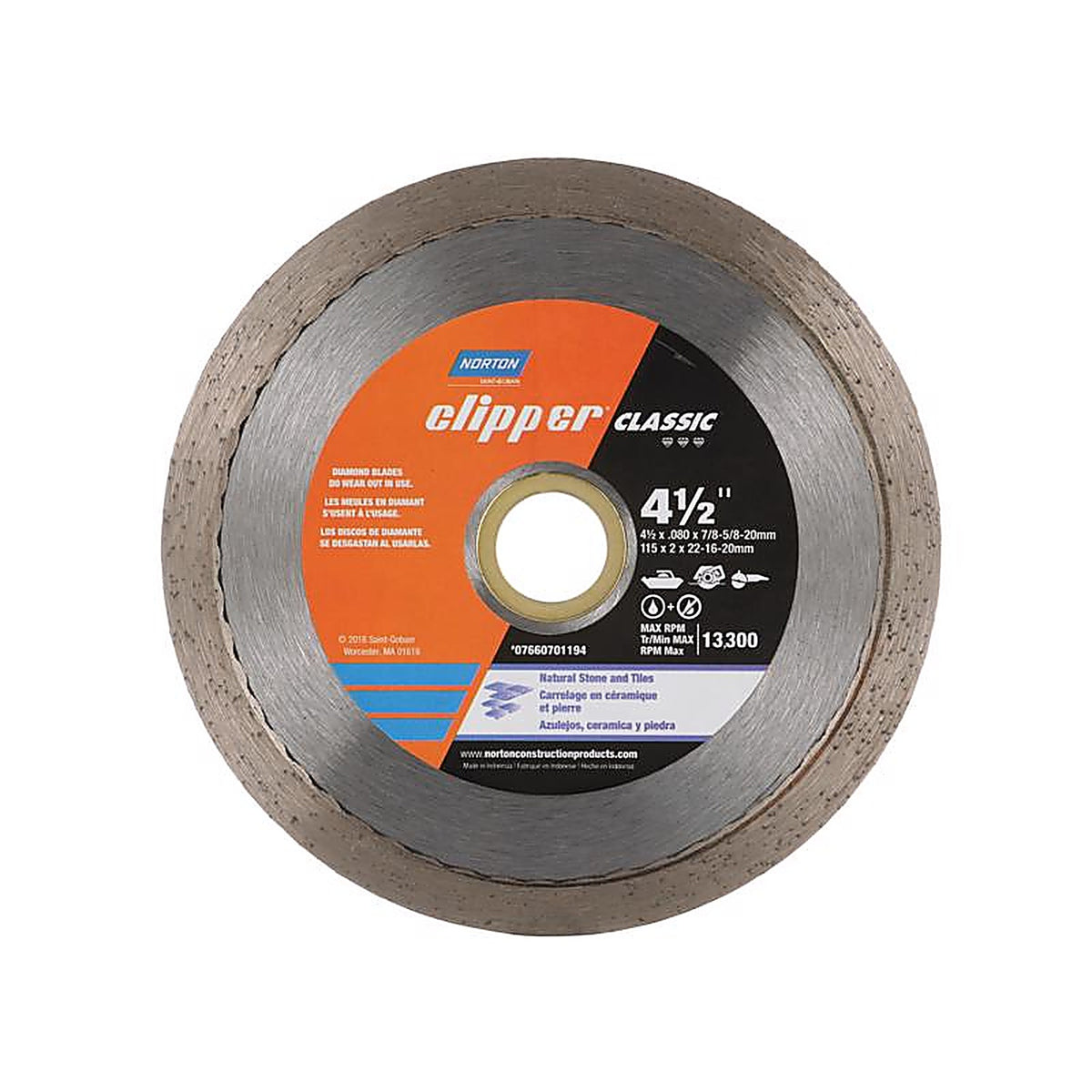 Norton 7660701194 Classic 4-1/2 in. Dia. x 5/8 and 7/8 in. Continuous Rim Diamond Saw Blade 1/Pack