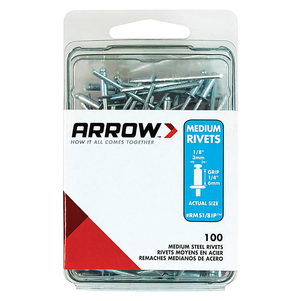 Arrow - RMS1/8IP - 1/8 In. D X 1/4 In. Steel Rivets Silver 100 Pack