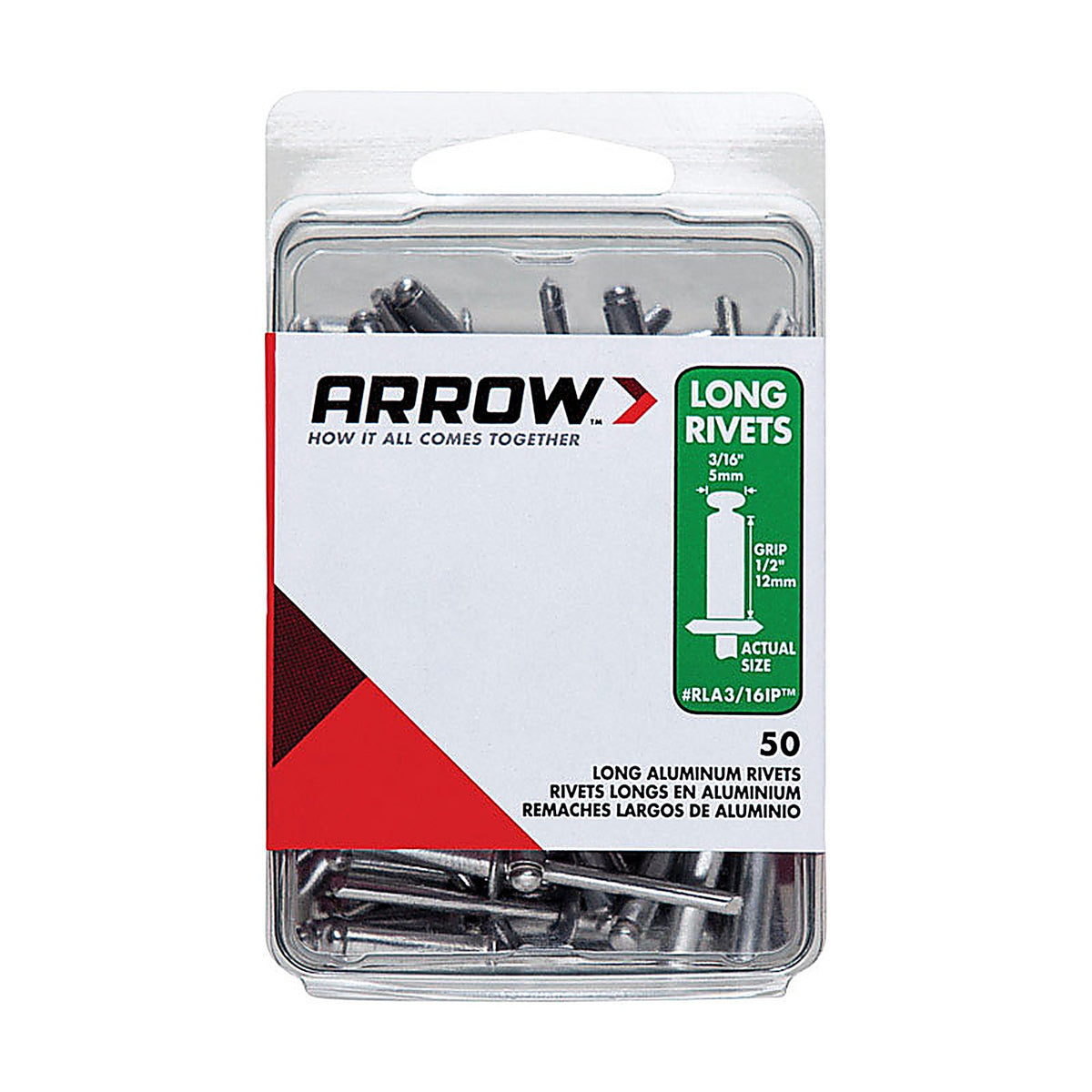Arrow - RLA3/16IP - 3/16 In. D X 1/2 In. Aluminum Long Rivets Silver 50 Pack