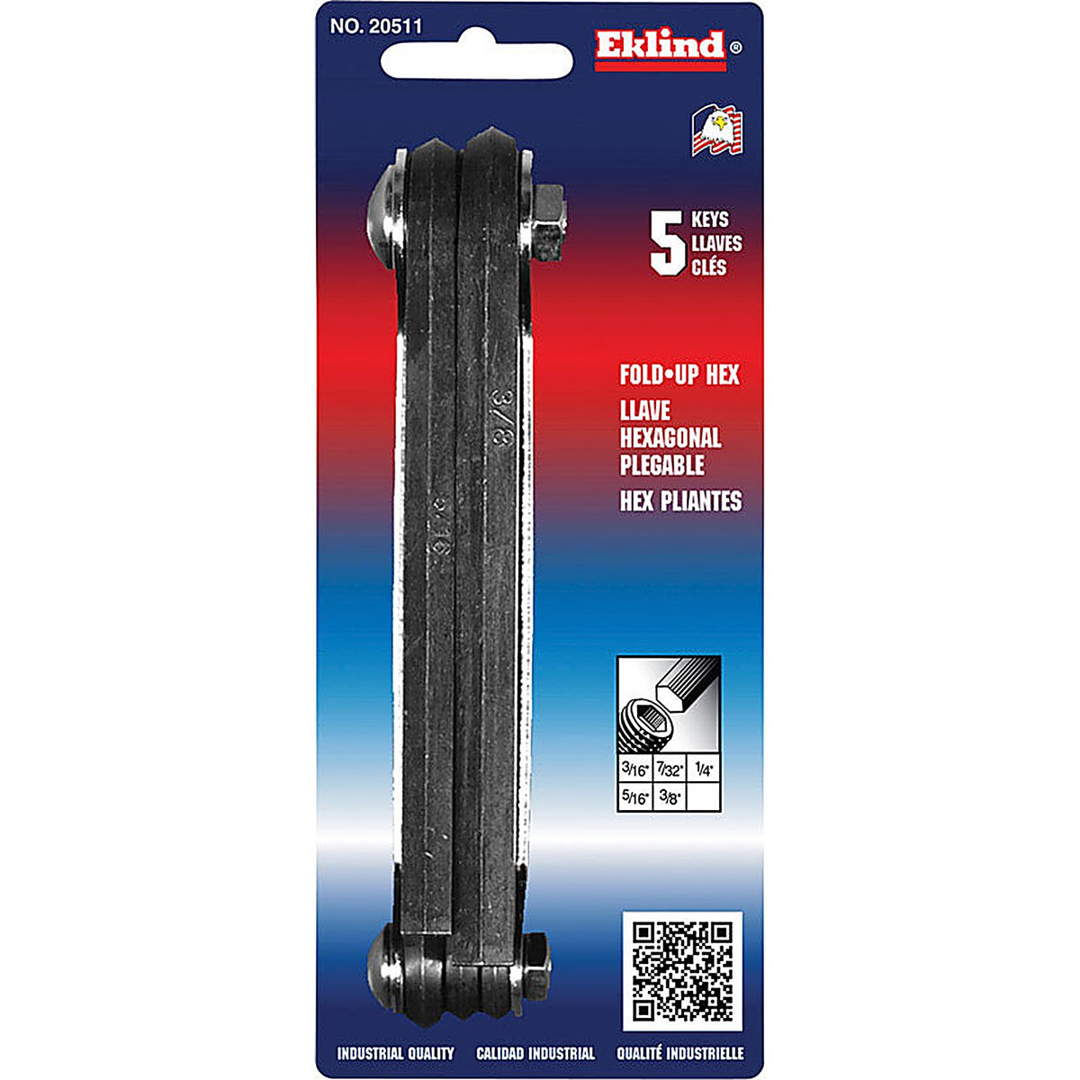 Eklind Tool 20511 3/16in. to 3/8in. SAE Fold-Up Hex Key Set Multi-Size in. 5/pc.