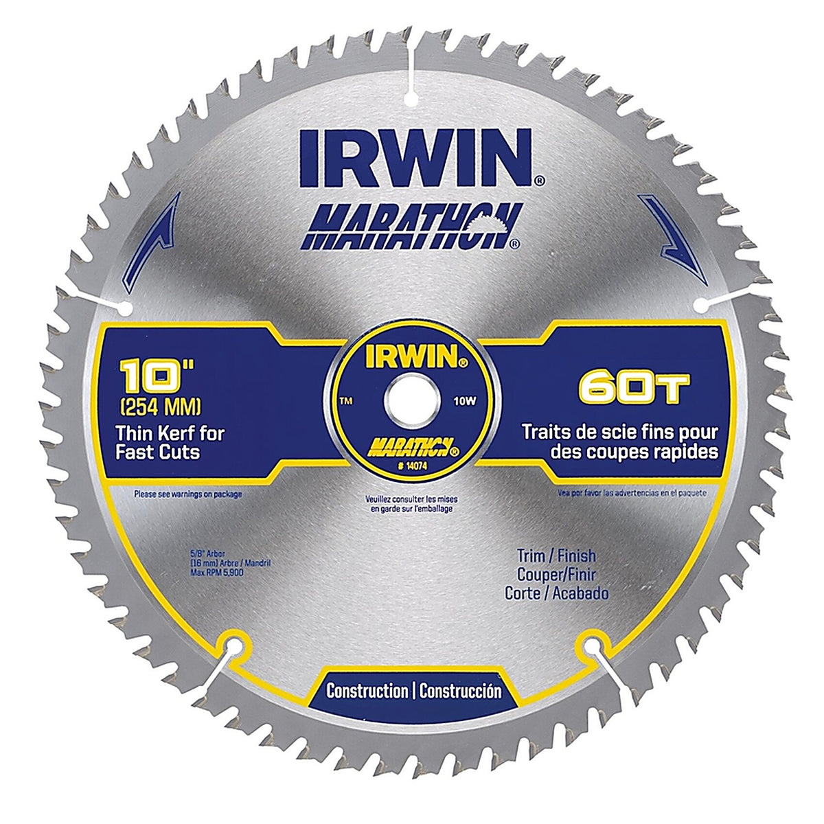 Irwin 14074 Marathon 10 in. Dia. x 5/8 in. Carbide Miter and Table Saw Blade 60 teeth 1/Pack