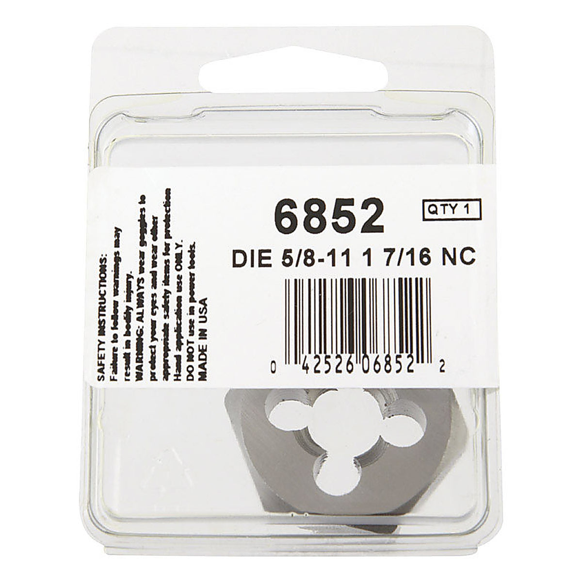 Irwin 6852 Hanson High Carbon Steel SAE Hexagon Die 5/8 in.-11NC 1/pc.