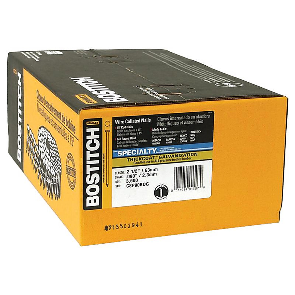 Bostitch - C8P90BDG - 2-1/2 In. L X 13 Ga. Angled Coil Galvanized Siding Nails 15 Deg 3,600 Pack