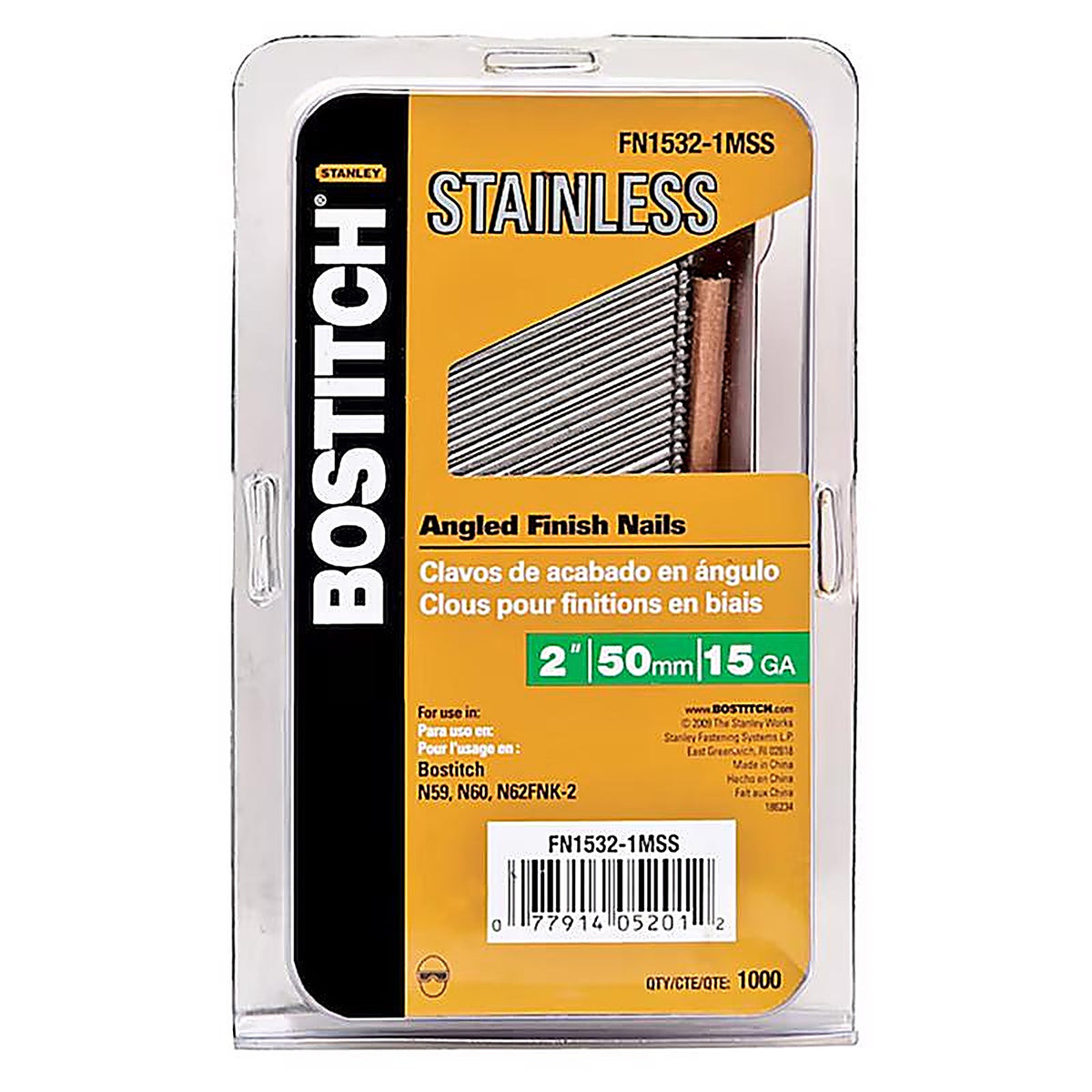 Bostitch - FN1532-1MSS - 2 In. L X 15 Ga. Angled Strip Stainless Steel Finish Nails 1,000 Pack
