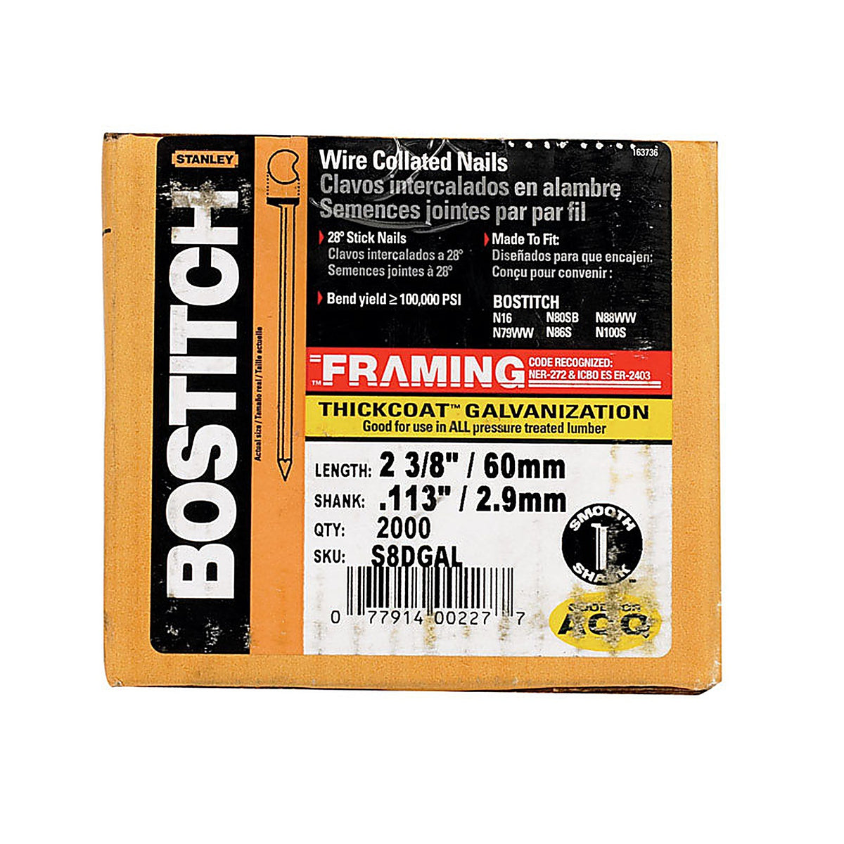 Bostitch - S8DGAL-FH - 2-3/8 In. L Angled Strip Galvanized Nails 28 Deg 2000 Pack
