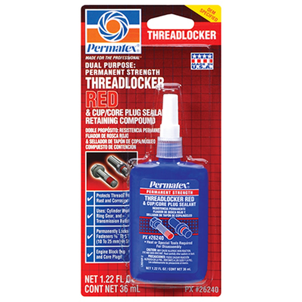 Permatex 26240 Permanent Strength Threadlocker RED & Cup/Core Plug Sealant Retaining Compound 36 ml bottle