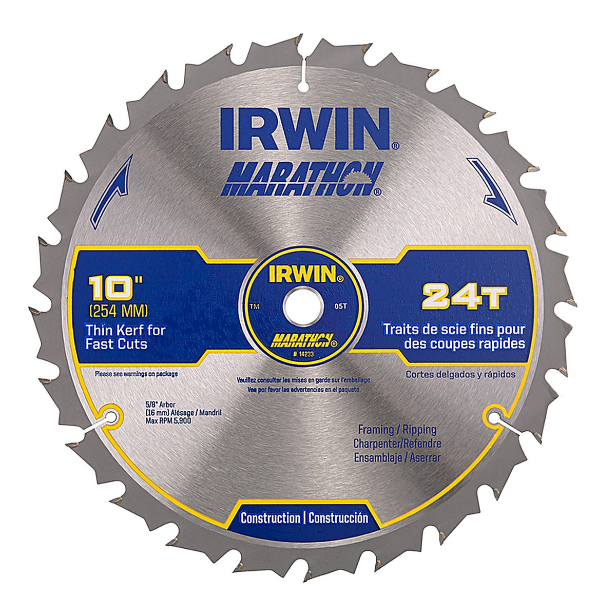 Irwin - 14233 - Marathon 10 In. D X 5/8 In. Carbide Circular Saw Blade 24 Teeth 1 Pack