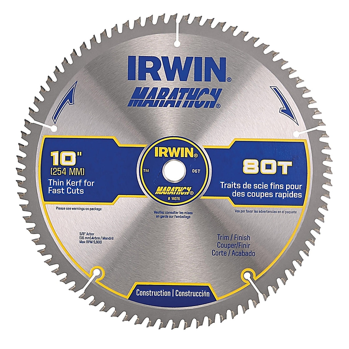Irwin - 14076 - Marathon 10 In. D X 5/8 In. Carbide Circular Saw Blade 80 Teeth 1 Pack