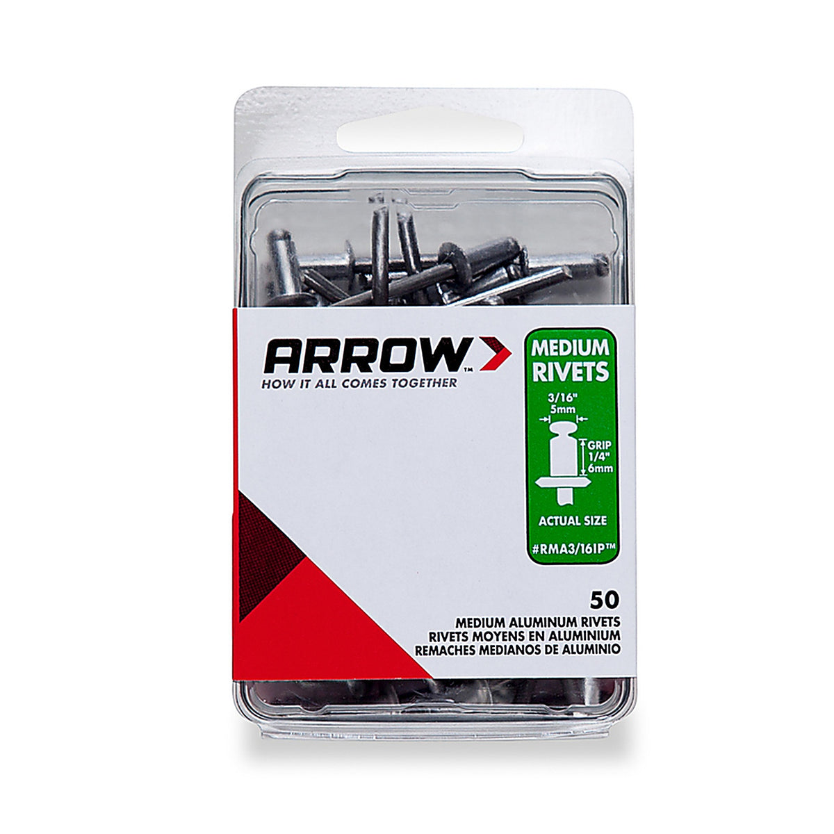 Arrow - RMA3/16IP - 3/16 In. D X 1/4 In. Aluminum Medium Rivets Silver 50 Pack