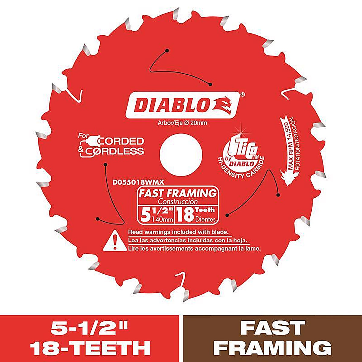 Diablo D055018WMX 5-1/2 in. D X 10 mm S Fast Framing TiCo Hi-Density Carbide Trim Saw Blade 18 teeth 1 pc