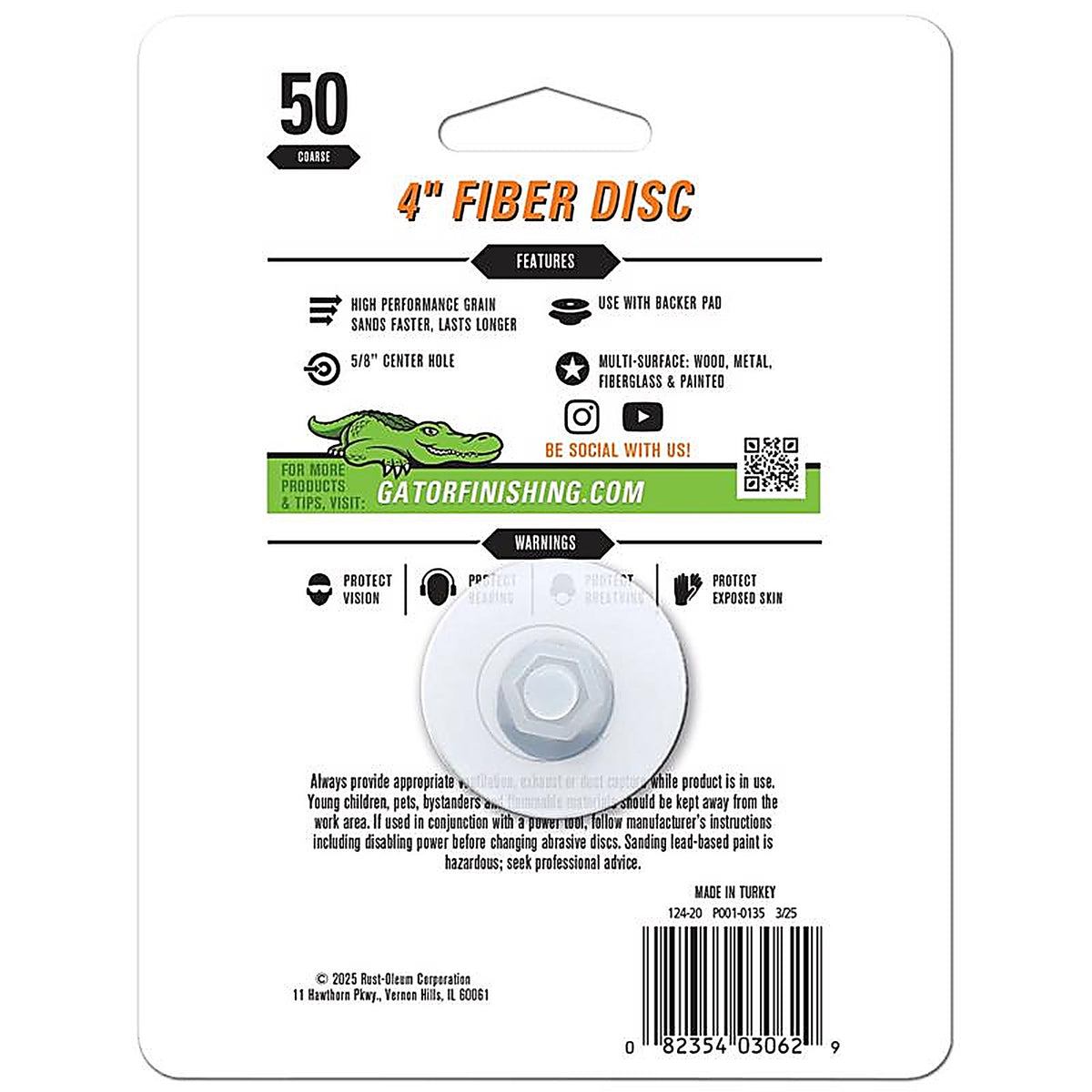 Gator - 3062 - 4 In. Aluminum Oxide Center Mount Fiber Disc 50 Grit Coarse 3 Pack