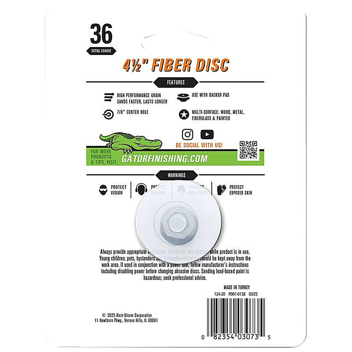 Gator - 3073 - 4.5 In. Aluminum Oxide Center Mount Fiber Disc 36 Grit Extra Coarse 3 Pack
