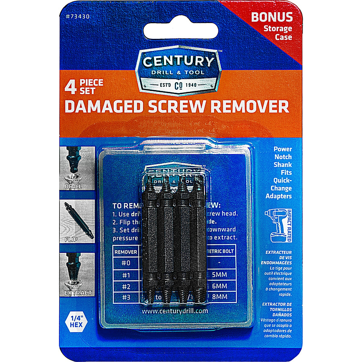 Century Drill & Tool 73430 Steel Double-Ended Screw Extractor Set 4/pc.