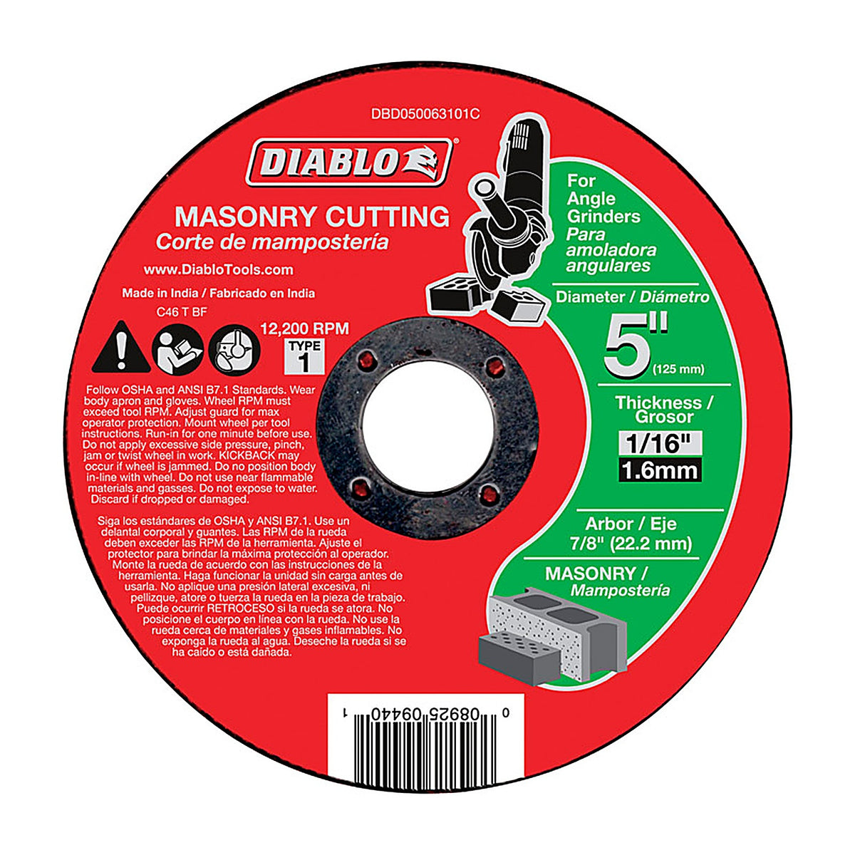 Diablo DBD050063101C 5 in. D X 7/8 in. S Silicon Carbide Masonry Cut-Off Disc 1 pk