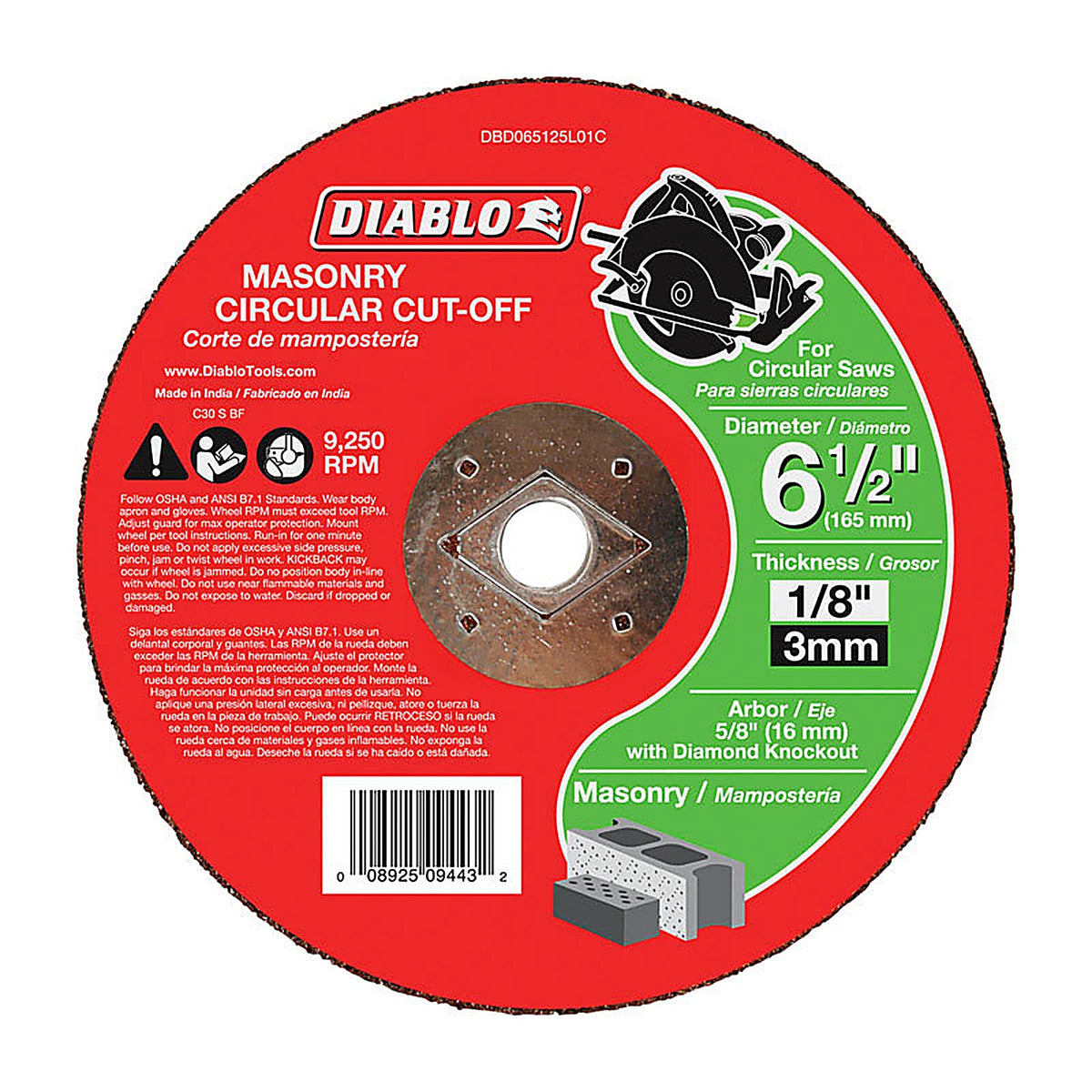 Diablo DBD065125L01C 6-1/2 in. D X 5/8 in. S Silicon Carbide Masonry Circular Cut-Off Disc 1 pk