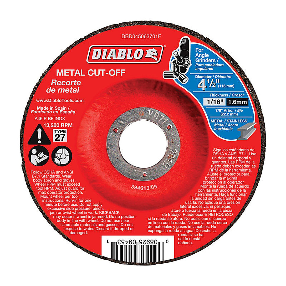 Diablo DBD045063701F 4-1/2 in. D X 7/8 in. S Aluminum Oxide Metal Cut-Off Disc 1 pk