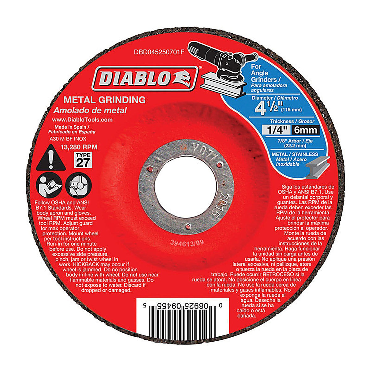 Diablo DBD045250701F 4-1/2 in. D X 7/8 in. S Aluminum Oxide Metal Grinding Disc 1 pc