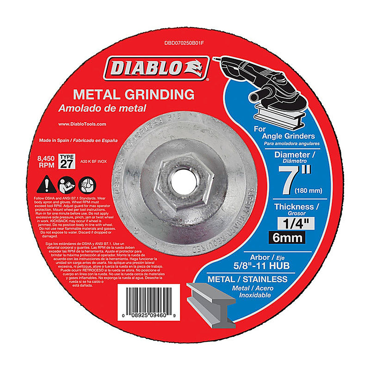 Diablo DBD070250B01F 7 in. D X 5/8-11 in. S Aluminum Oxide Metal Grinding Disc 1 pc
