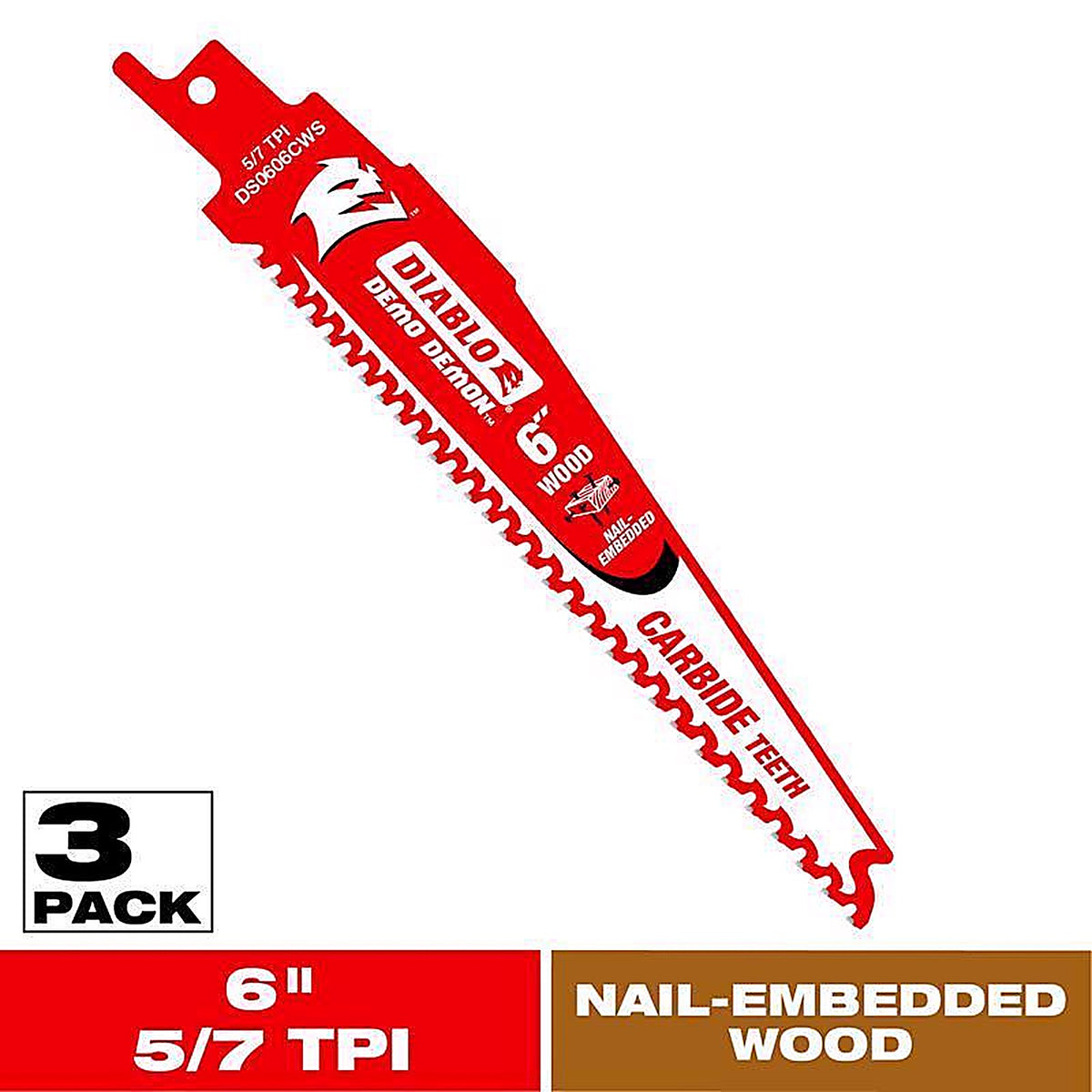 Diablo DS0606CWS3 Demo Demon 6 in. Carbide Reciprocating Saw Blade 5/7 TPI 3 pk