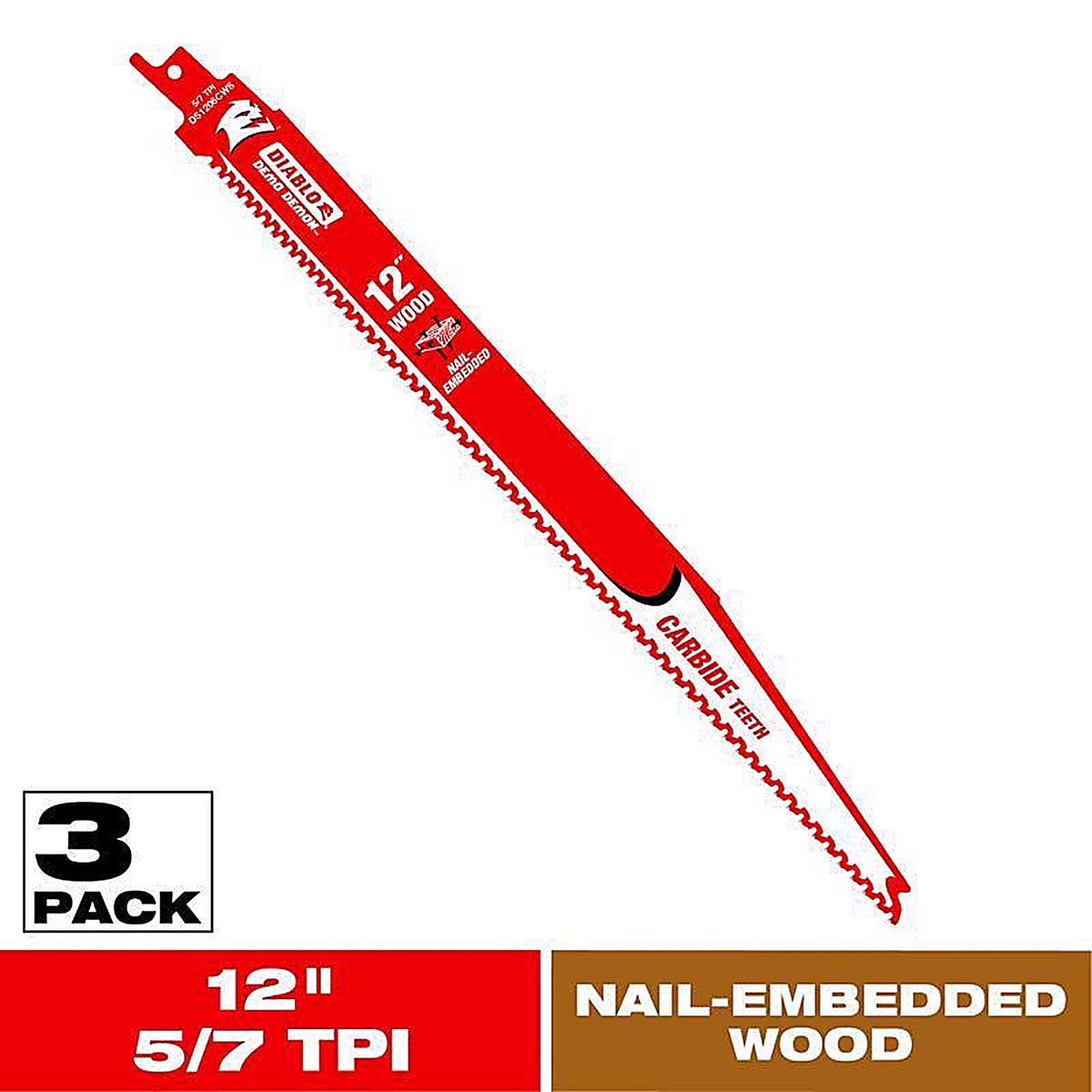 Diablo - DS1206CWS3 - Demo Demon 12 In. Carbide Tipped Nail-Embedded Wood Reciprocating Saw Blade 5/7 TPI 3 Pack