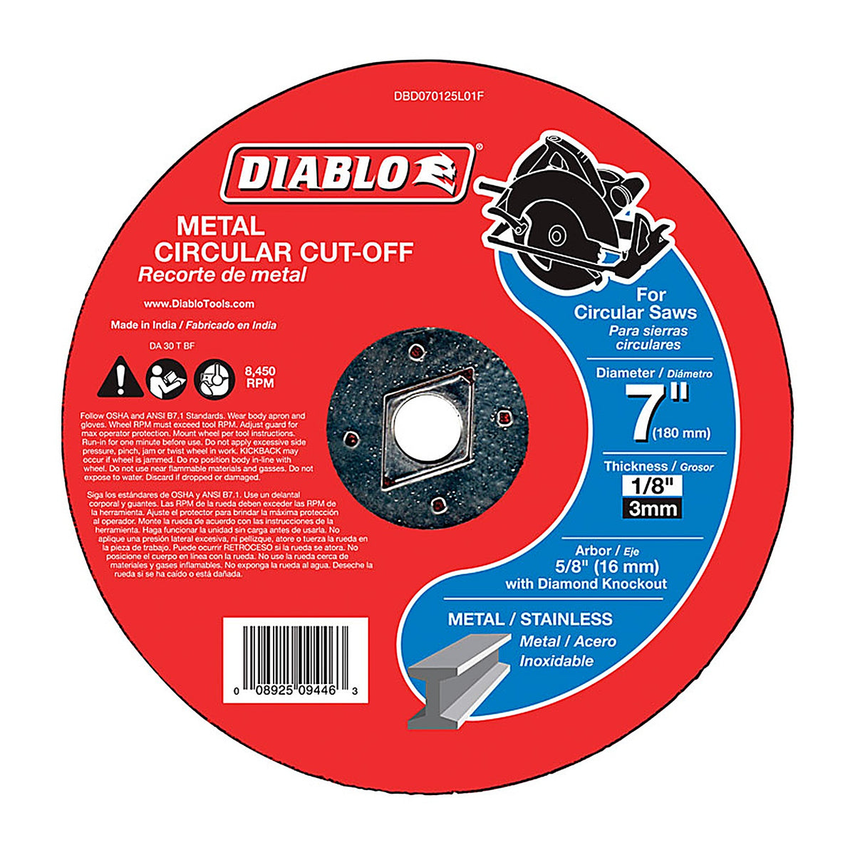 Diablo DBD070125L01F 7 in. D X 5/8 in. S Aluminum Oxide Metal Circular Cut-Off Disc 1 pk