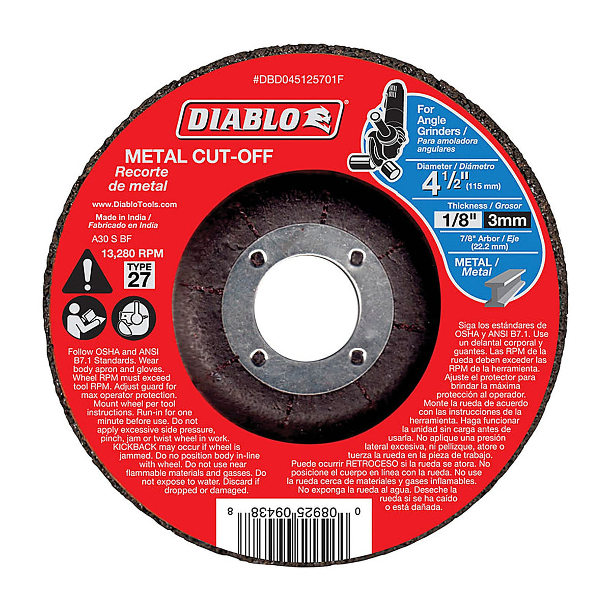 Diablo DBD045125701F 4-1/2 in. D X 7/8 in. S Aluminum Oxide Metal Cut-Off Disc 1 pk
