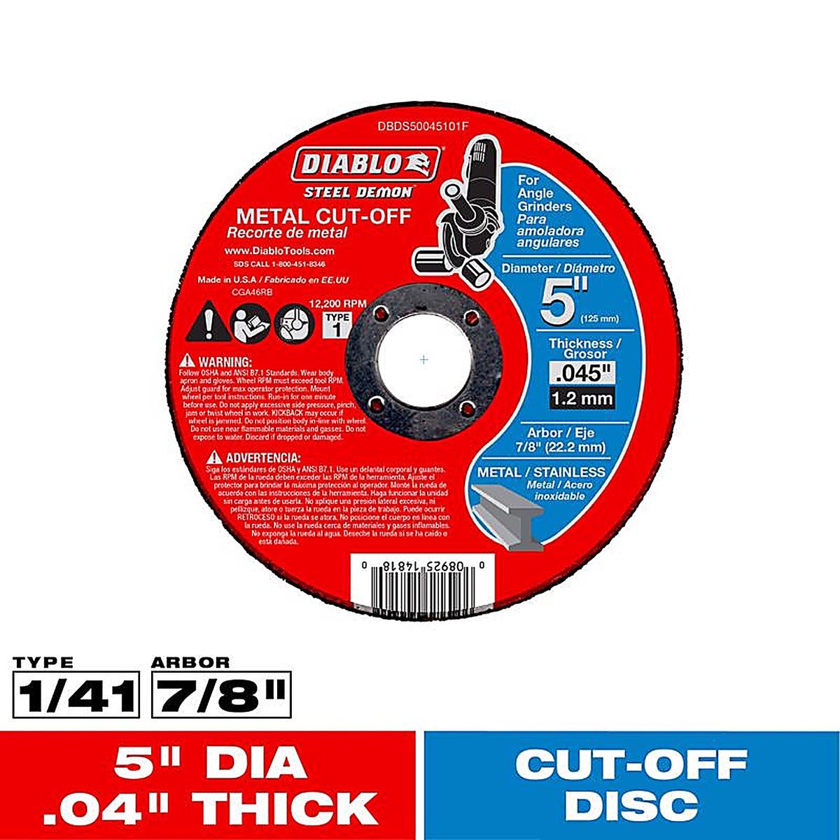 Diablo DBD050040101F 5 in. D X 7/8 in. S Aluminum Oxide Metal Cut-Off Disc 1 pk