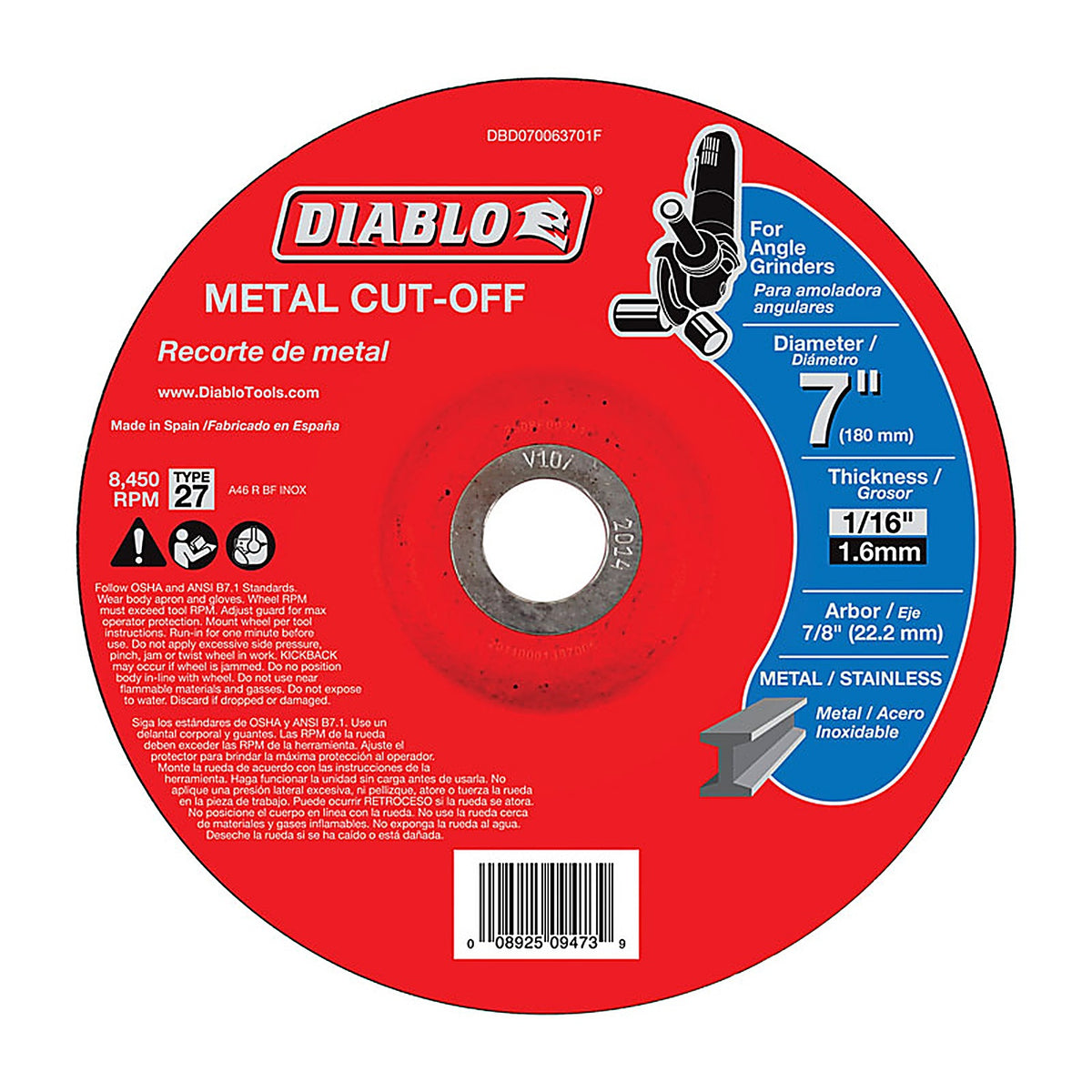 Diablo DBD070063701F 7 in. D X 7/8 in. S Aluminum Oxide Metal Cut-Off Disc 1 pk