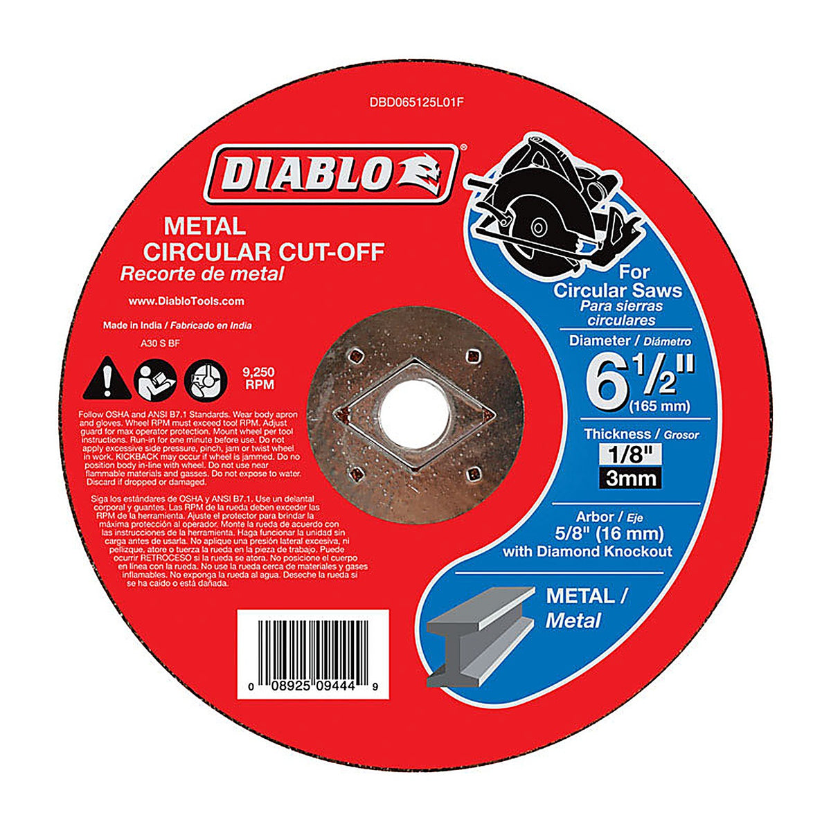 Diablo DBD065125L01F 6-1/2 in. D X 5/8 in. S Aluminum Oxide Metal Circular Cut-Off Disc 1 pk