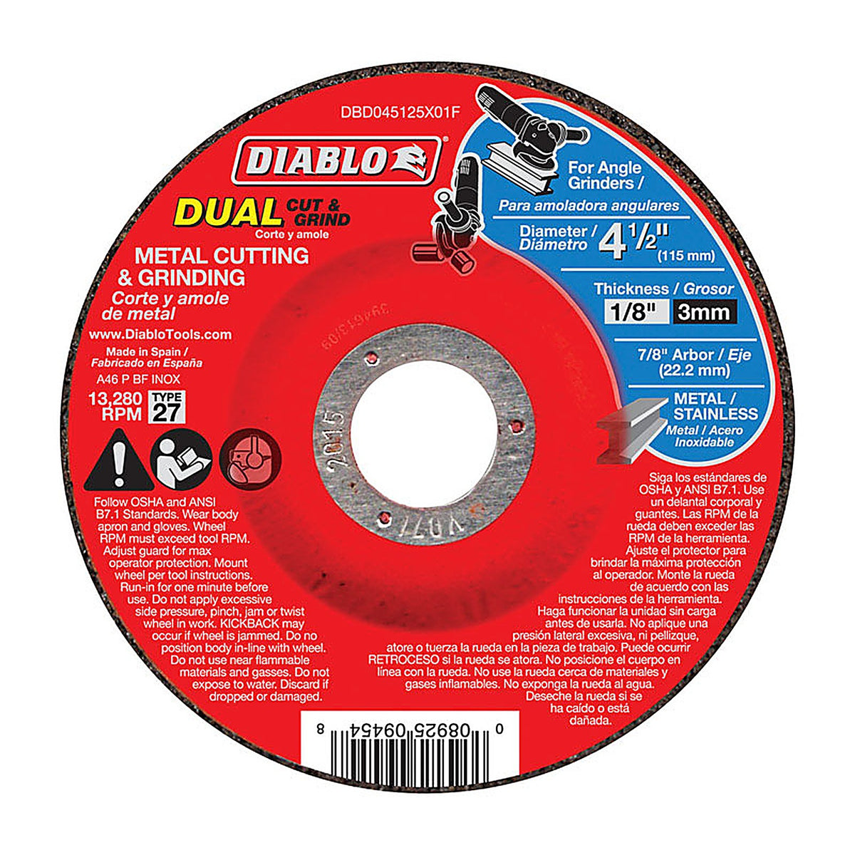 Diablo DBD045125X01F 4-1/2 in. D X 7/8 in. S Aluminum Oxide Metal Dual Cut and Grind Disc 1 pk