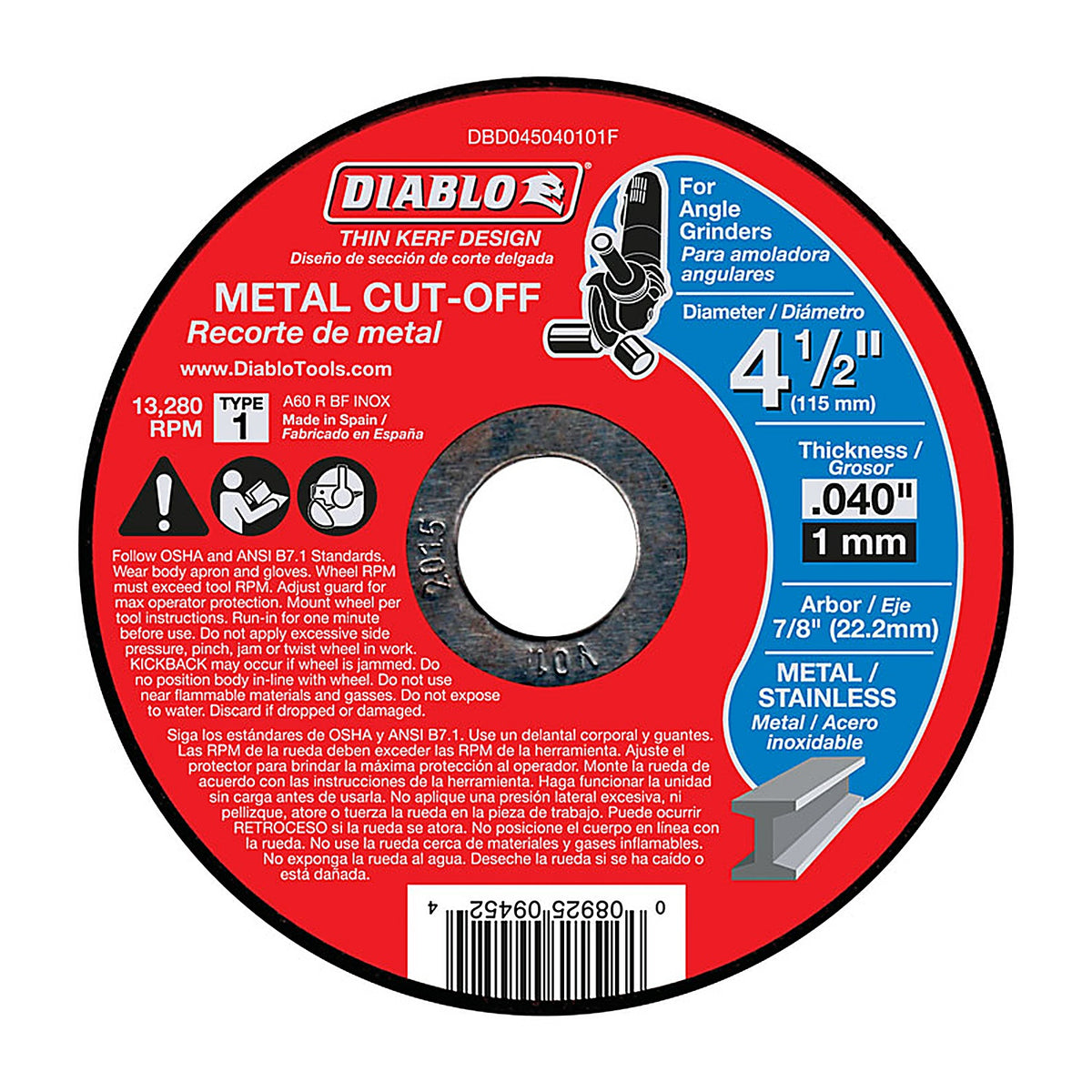 Diablo DBD045040101F 4-1/2 in. D X 7/8 in. S Aluminum Oxide Metal Cut-Off Disc 1 pk