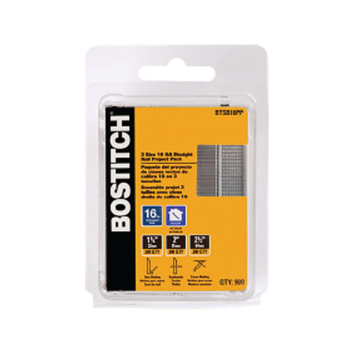 Bostitch BTSB16PP Assorted in. 16 Ga. Straight Strip Finish Nails Smooth Shank 900/Pack