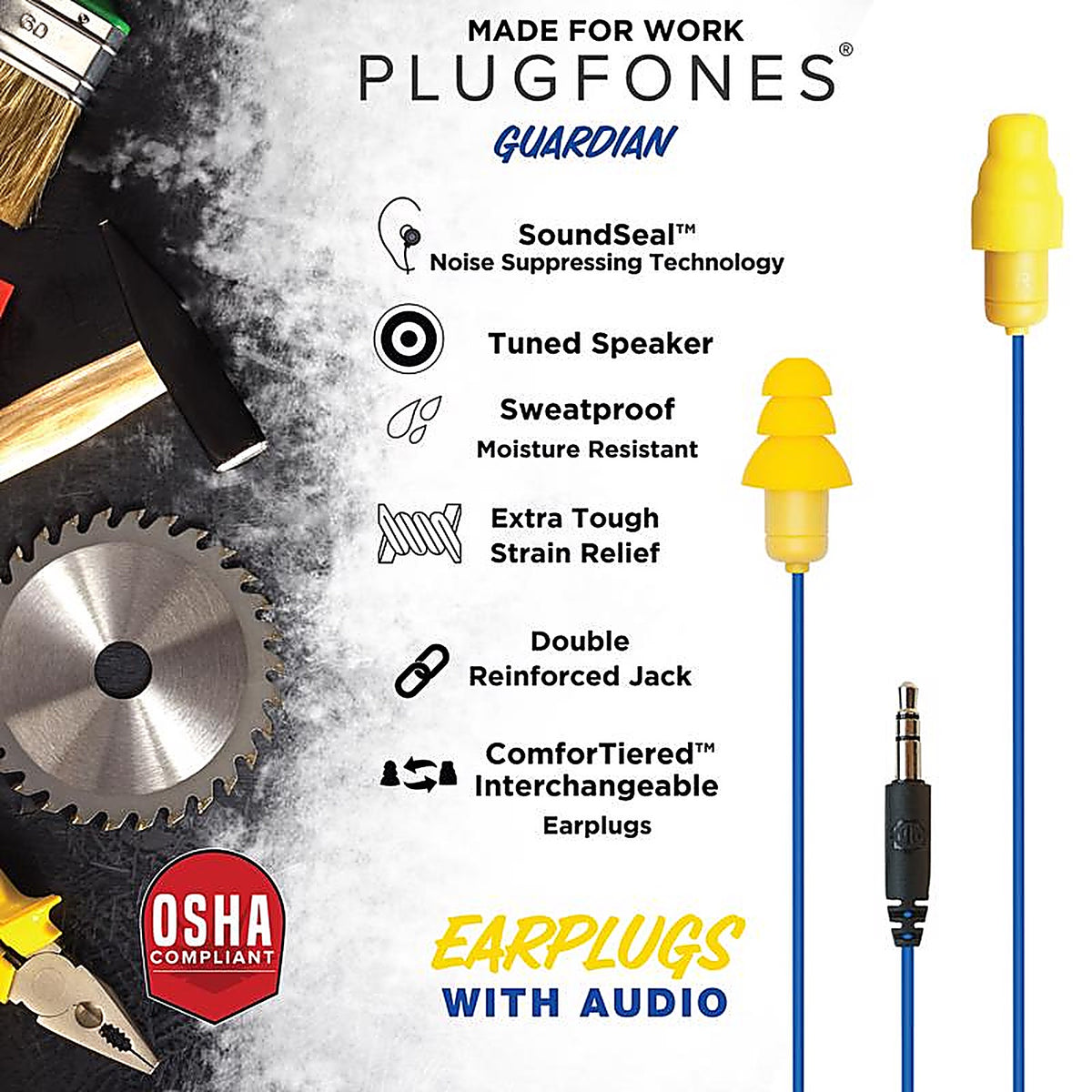 Plugfones - PG-UY - Guardian 29 Db Nylon/Silicone/Soft Foam 3.5 MM Jack Earplugs/Earphones Yellow 1 Pair