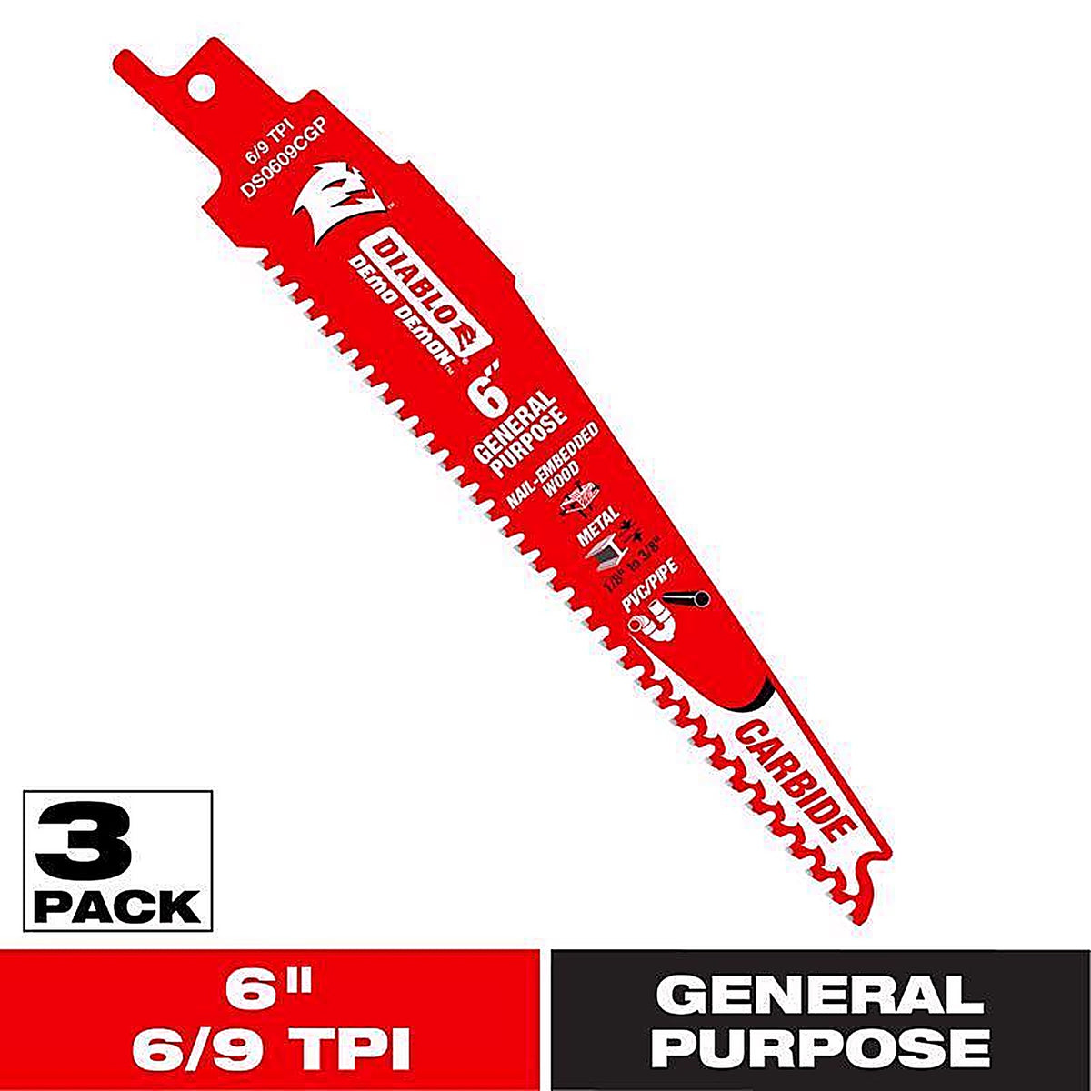 Diablo DS0609CGP3 Demo Demon 6 in. Carbide Reciprocating Saw Blade 6/9 TPI 3 pk