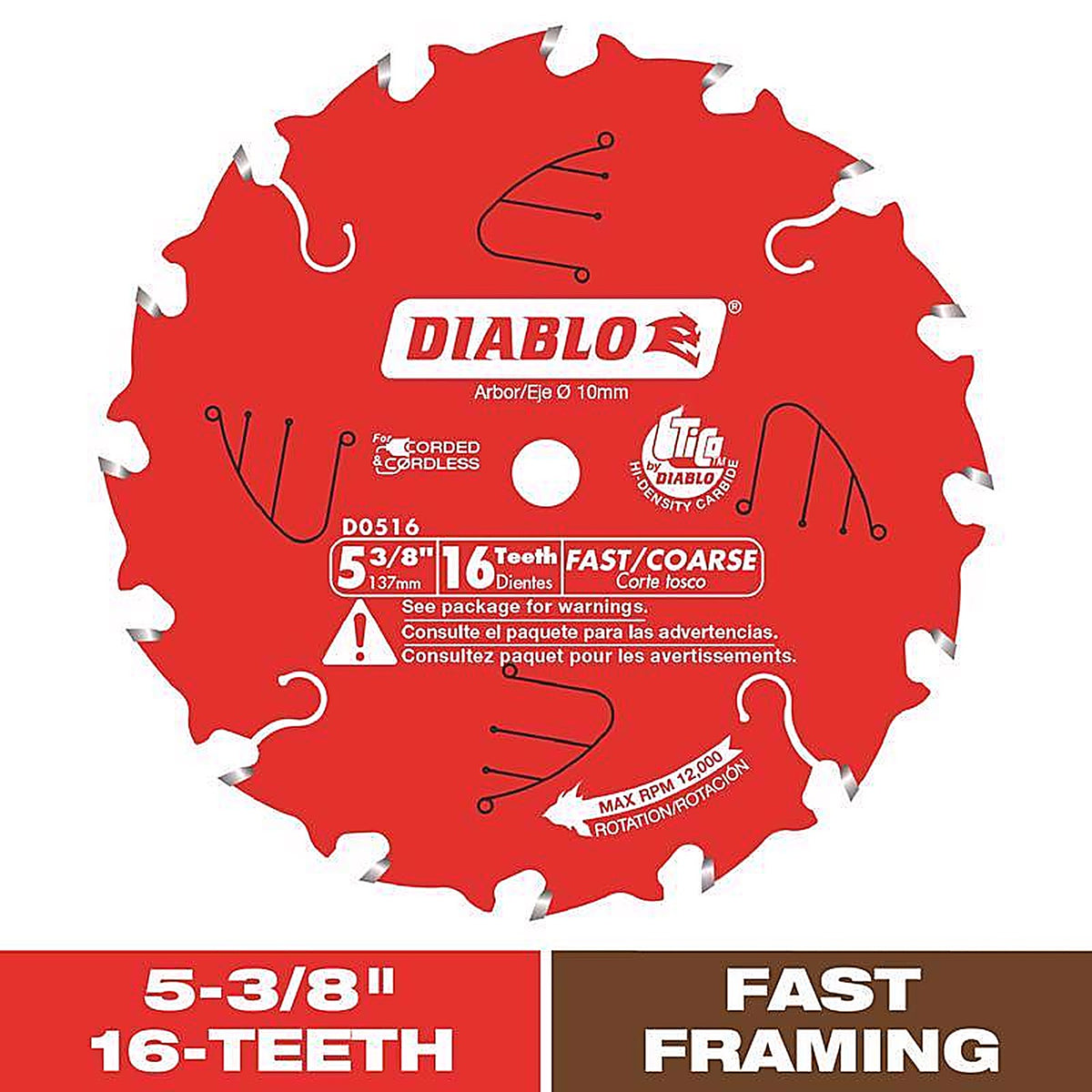 Diablo D0516X 5-3/8 in. D X 10 mm S Cordless Trim Carbide Tip Circular Saw Blade 16 teeth 1 pc