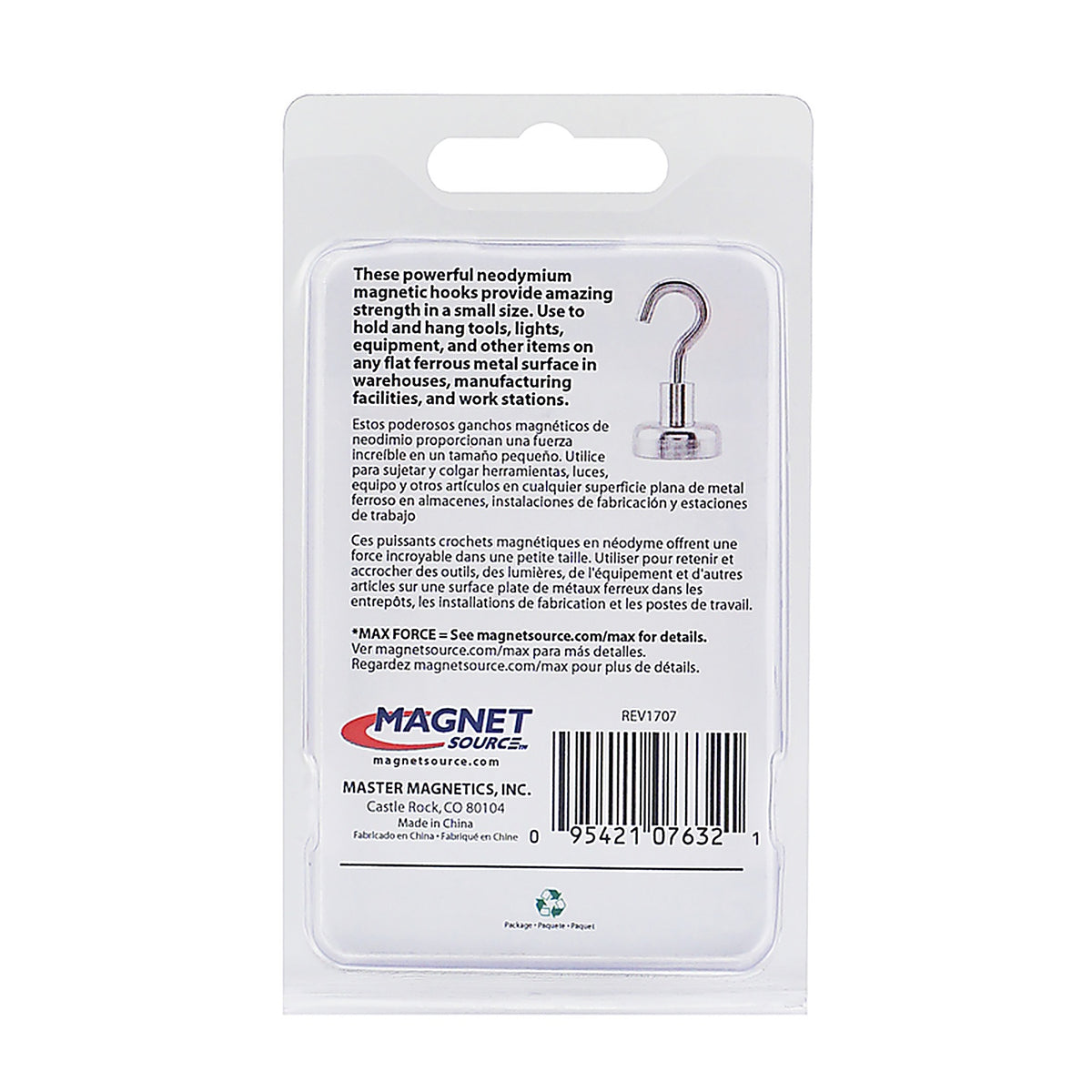 Master Magnetics 7632 1.4 in. Neodymium Magnetic Hook 28 lb. pull 42 MGOe Silver 2/pc.