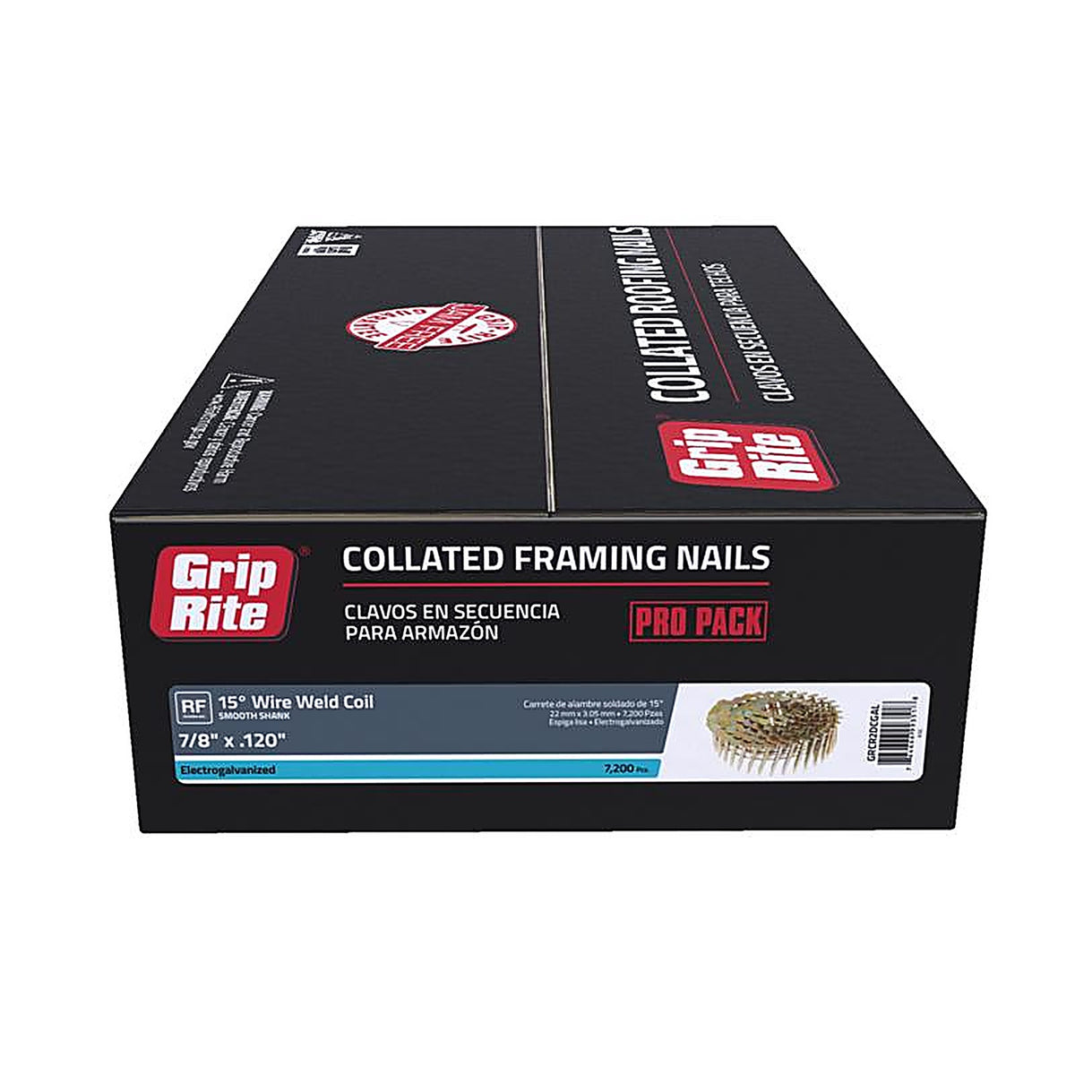 Grip-Rite GRCR2DCGAL 7/8 in. 11 Ga. Angled Strip Roofing Nails 15 deg. Smooth Shank 7200/Pack