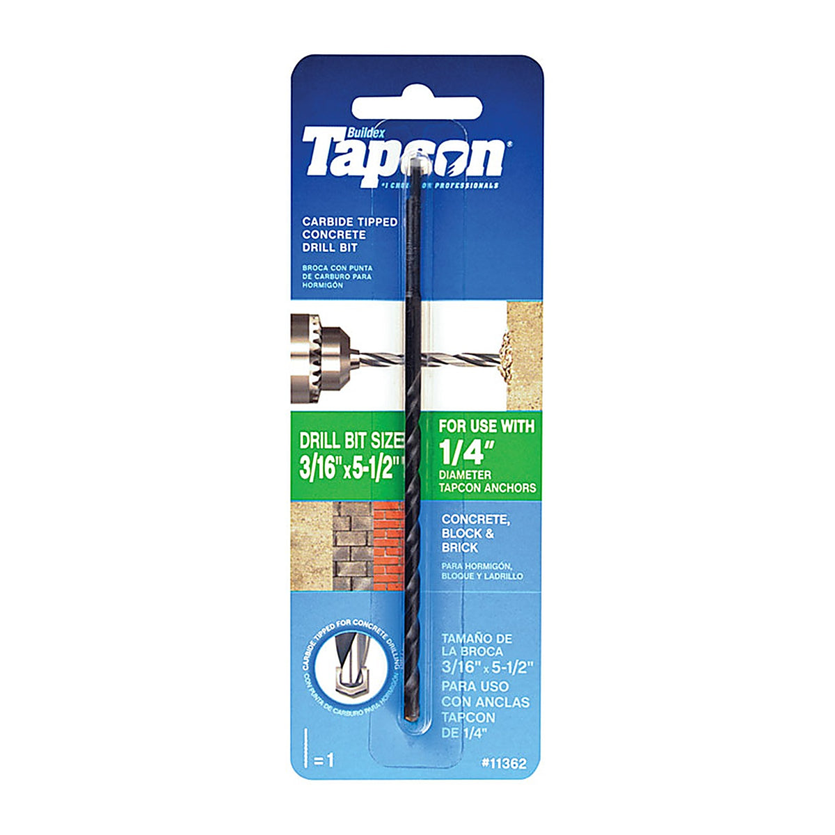 Tapcon 11362 3/16 in. S X 5-1/2 in. L Carbide Tipped Concrete Drill Bit 1 pc