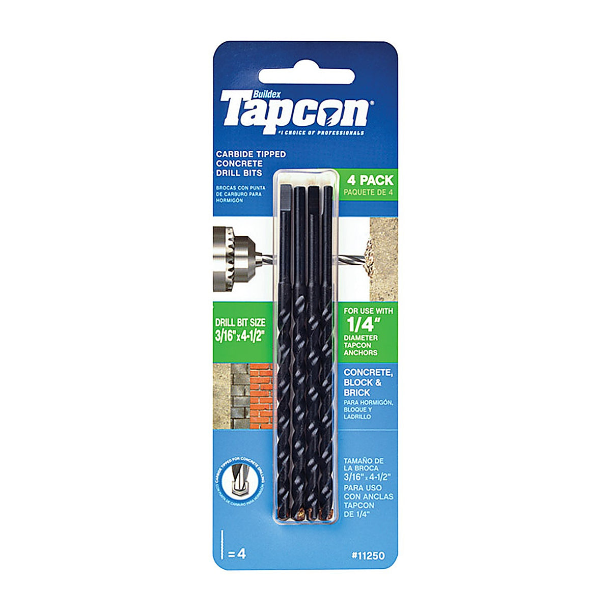 Tapcon - 11250 - 3/16 In. X 4-1/2 In. L Carbide Tipped Concrete Masonry Drill Bit Set Straight Shank 4 Pack
