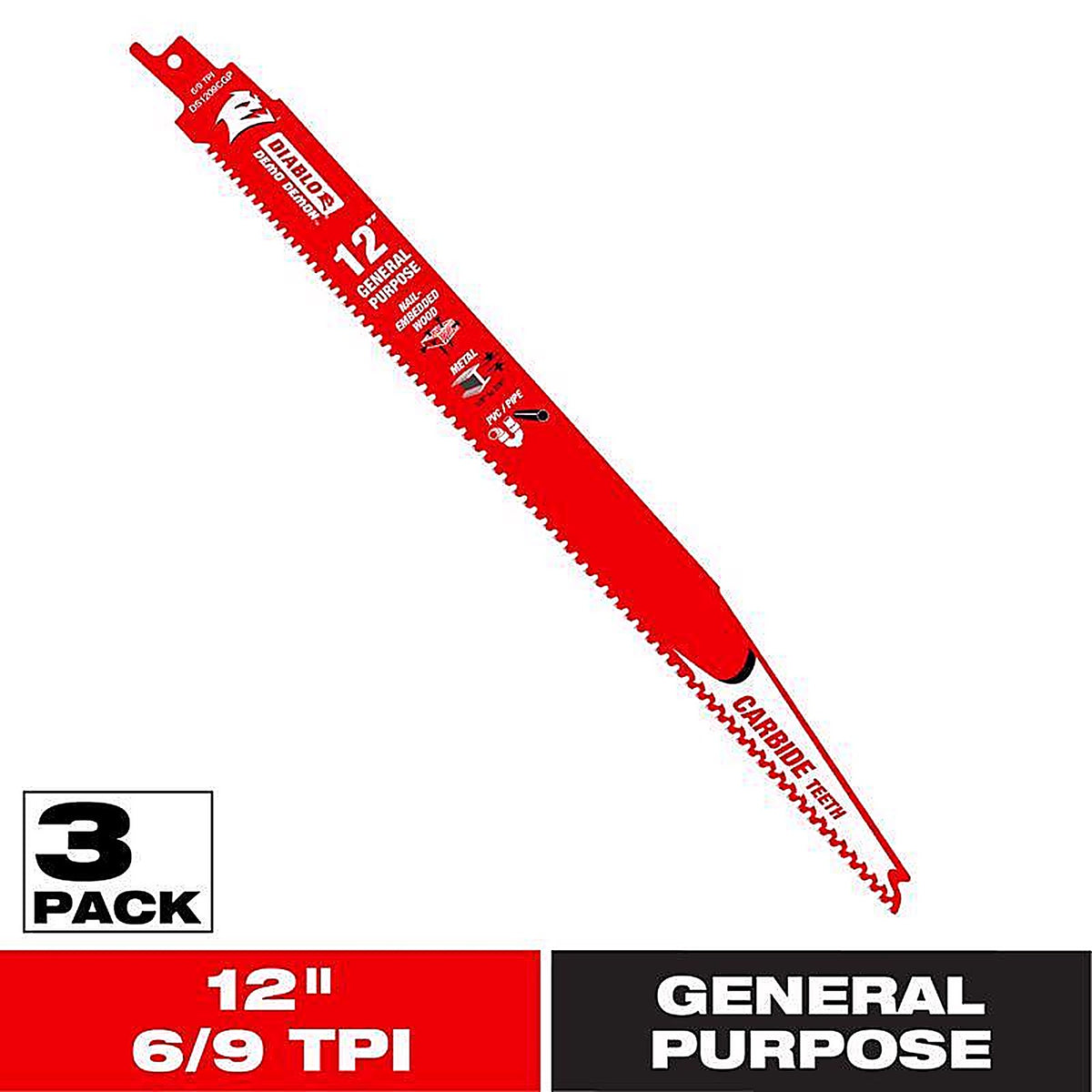 Diablo - DS1209CGP3 - Demo Demon 12 In. Carbide Tipped Reciprocating Saw Blade 6/9 TPI 3 Pack