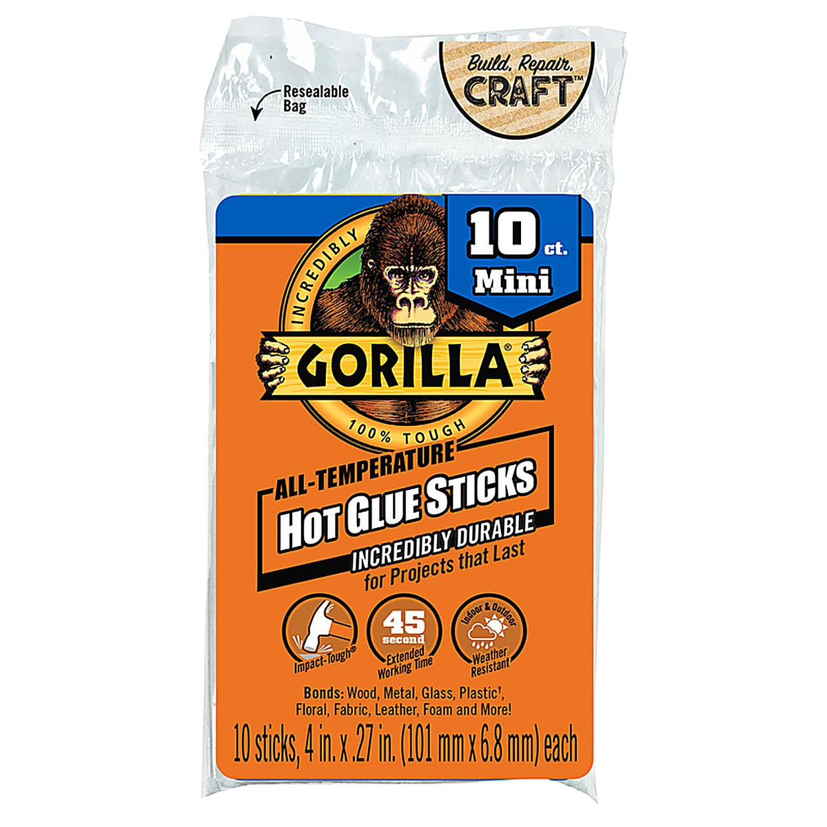 Gorilla 3021002 .27 in. Dia. x 4 in. L All Purpose Mini Glue Sticks Clear 10/Pack