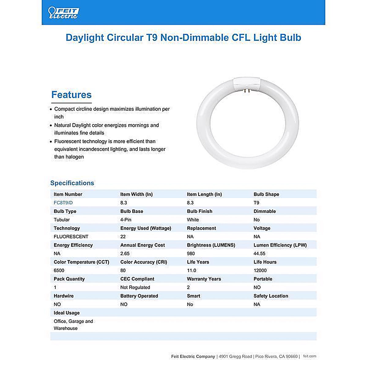 Feit Electric FC8T9/D 22 W T9 8 in. D Circline Fluorescent Bulb Daylight Linear 6500 K 1 pk