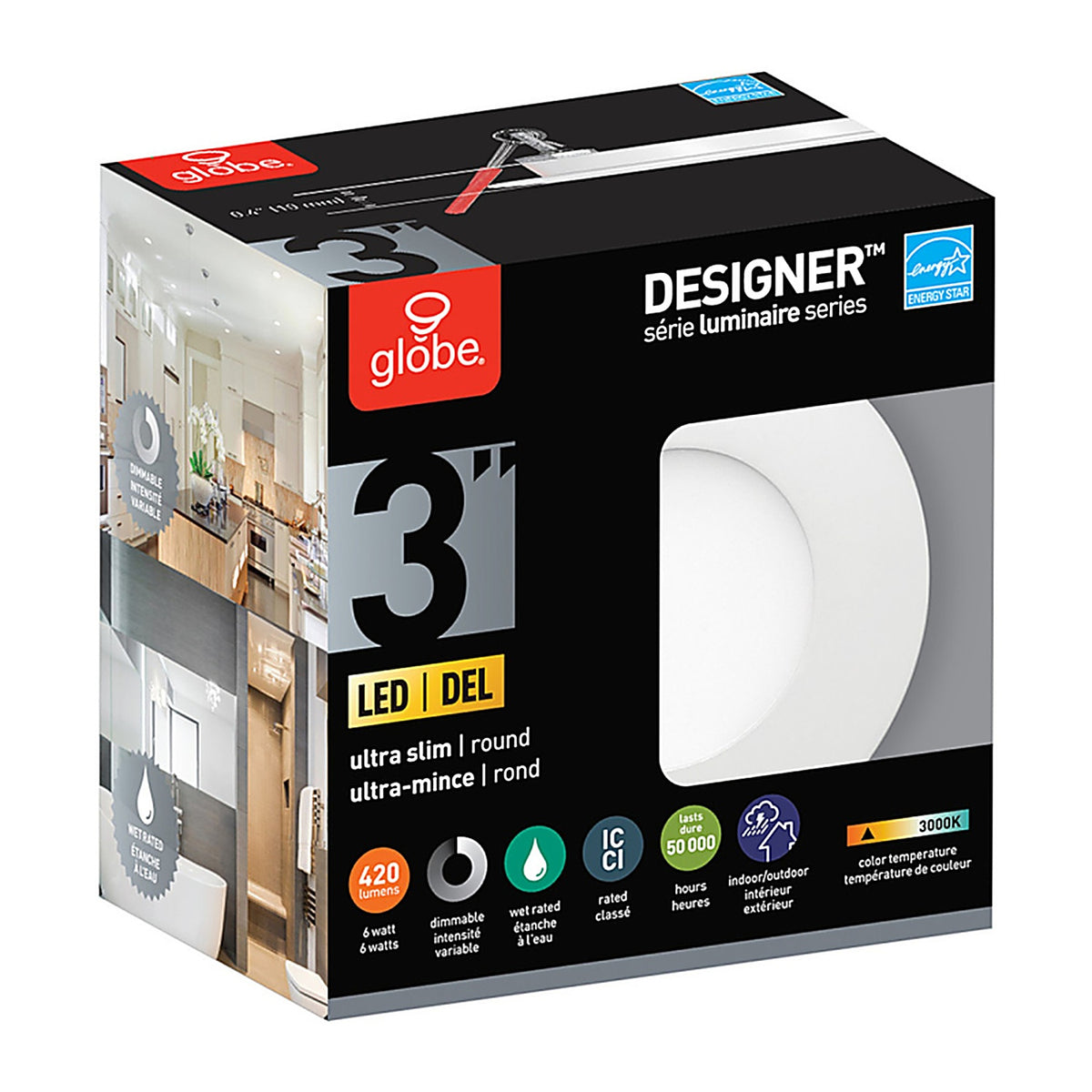Globe Electric 91496 Ultra Slim Energy Star Frost White 3 inch in. W Metal LED Recessed Light 40 watt