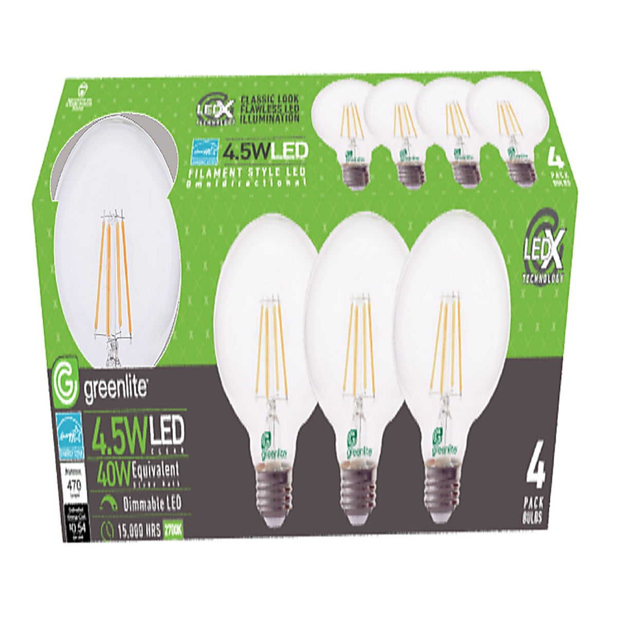 Greenlite - 4.5WLEDXGLOBED4 - G25 E26 (Medium) Filament LED Bulb Soft White 40 Watt Equivalence 4 Pack