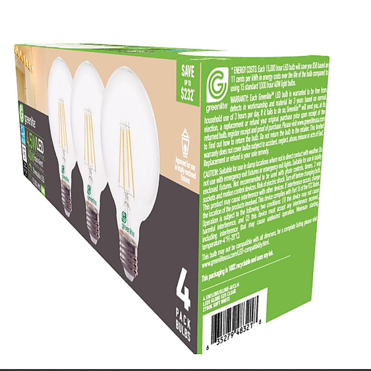 Greenlite - 4.5WLEDXGLOBED4 - G25 E26 (Medium) Filament LED Bulb Soft White 40 Watt Equivalence 4 Pack