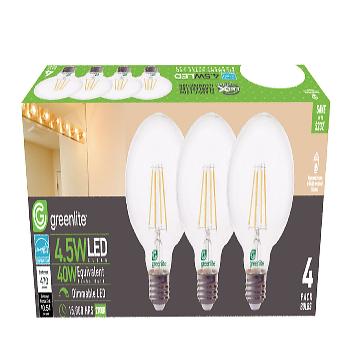 Greenlite - 4.5WLEDXGLOBED4 - G25 E26 (Medium) Filament LED Bulb Soft White 40 Watt Equivalence 4 Pack