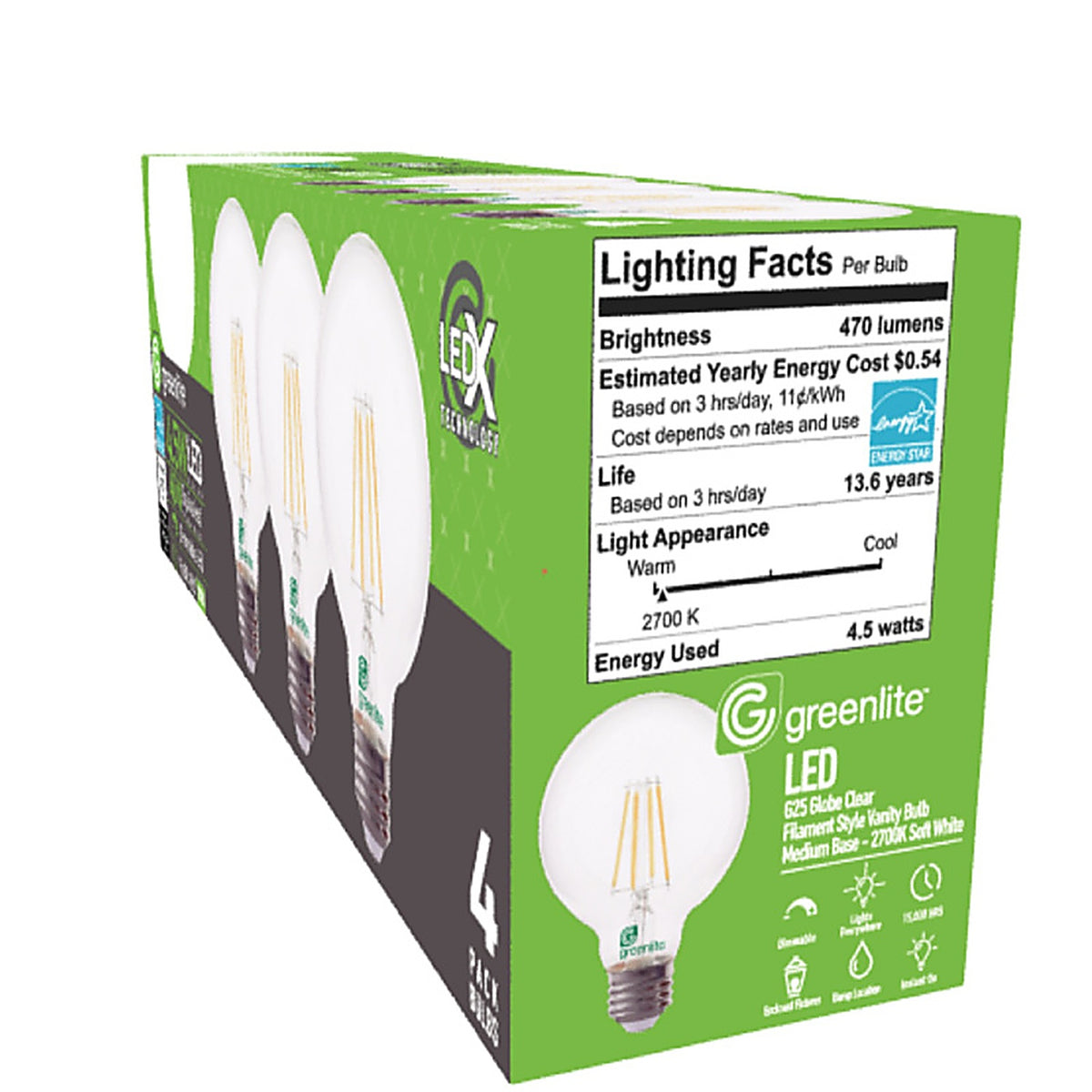 Greenlite - 4.5WLEDXGLOBED4 - G25 E26 (Medium) Filament LED Bulb Soft White 40 Watt Equivalence 4 Pack