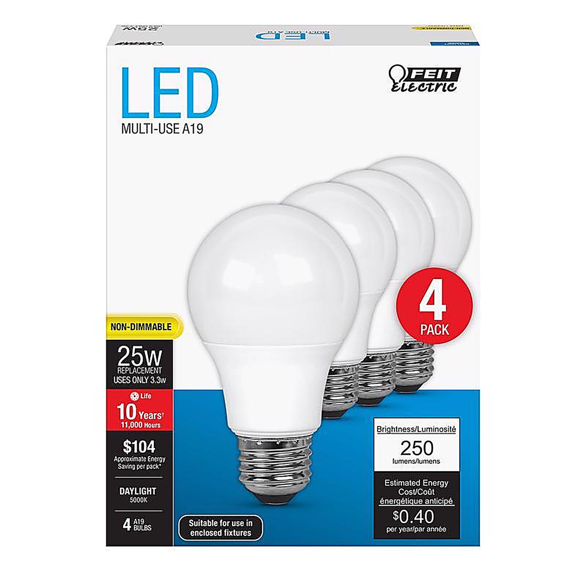 Feit - A250/85010KLED4 - A19 E26 (Medium) LED Bulb Daylight 25 Watt Equivalence 4 Pack
