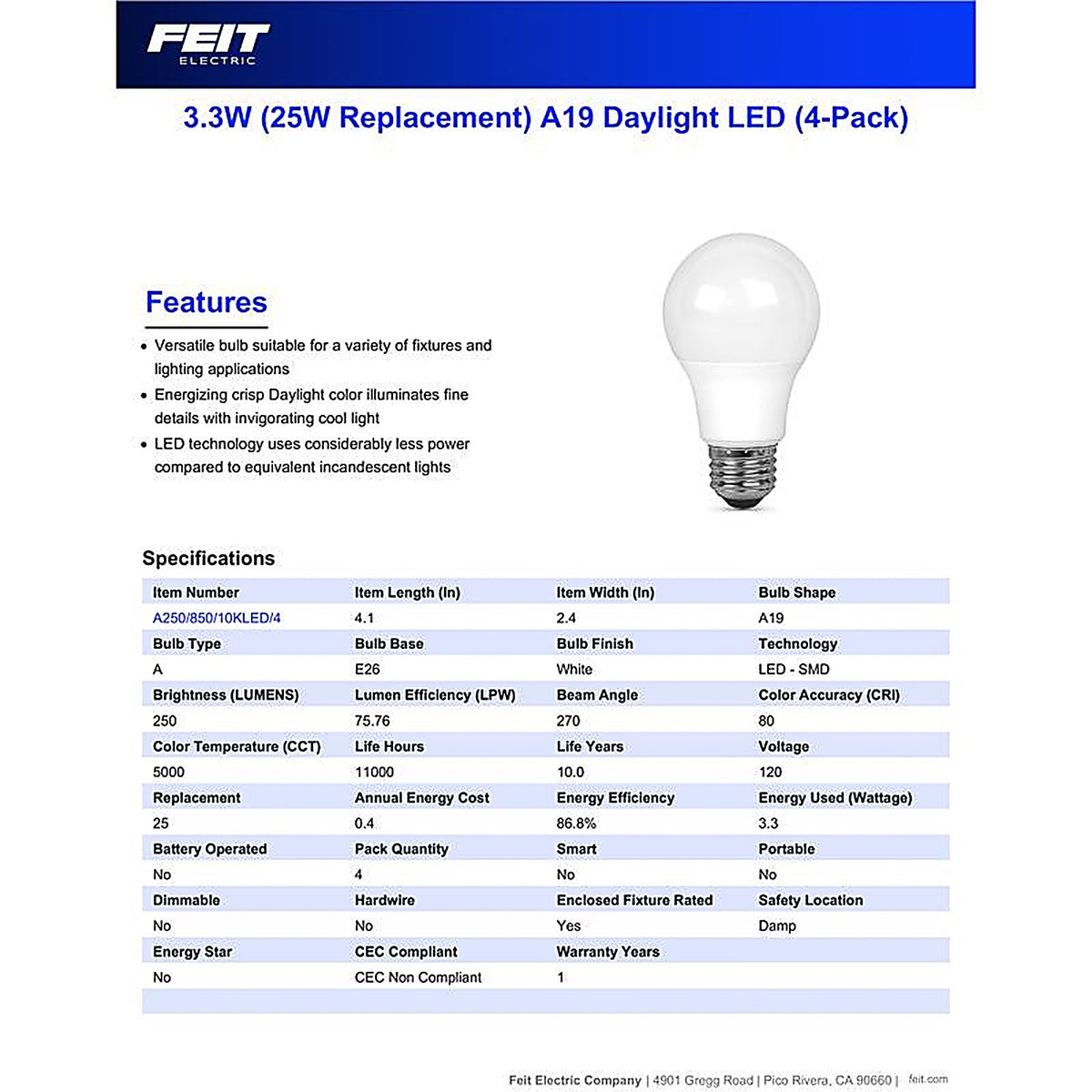 Feit - A250/85010KLED4 - A19 E26 (Medium) LED Bulb Daylight 25 Watt Equivalence 4 Pack