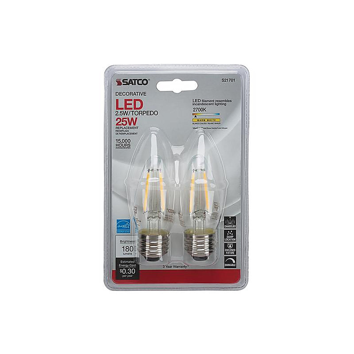 Satco - S21832 - B11 E26 (Medium) Filament LED Bulb Warm White 25 Watt Equivalence 2 Pack